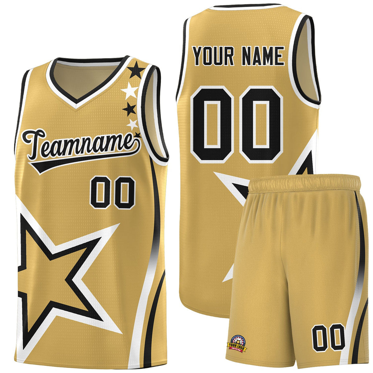 Custom Old Gold Shoulder Stars Graffiti Pattern Sets Basketball Jersey