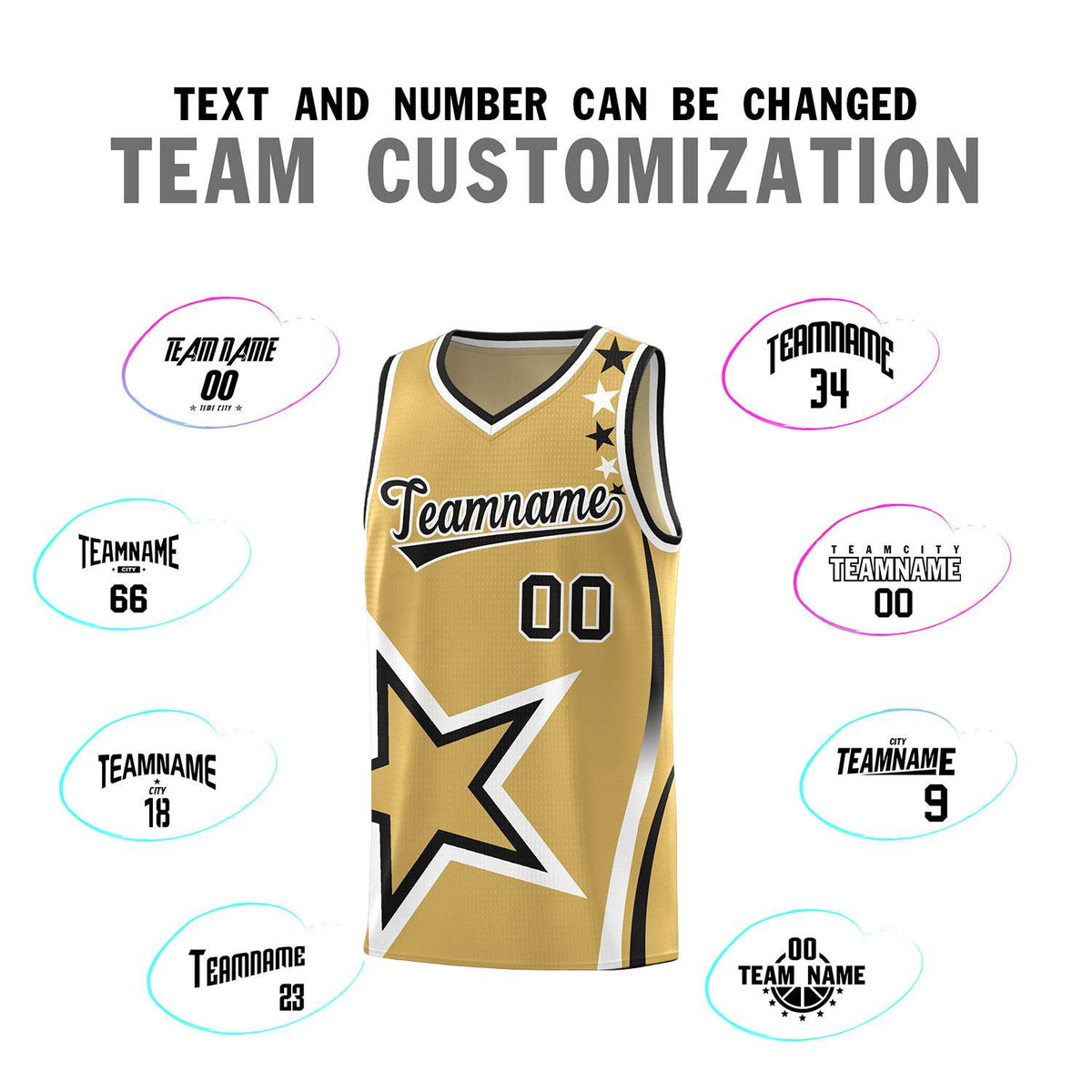 Custom Old Gold Shoulder Stars Graffiti Pattern Sets Basketball Jersey