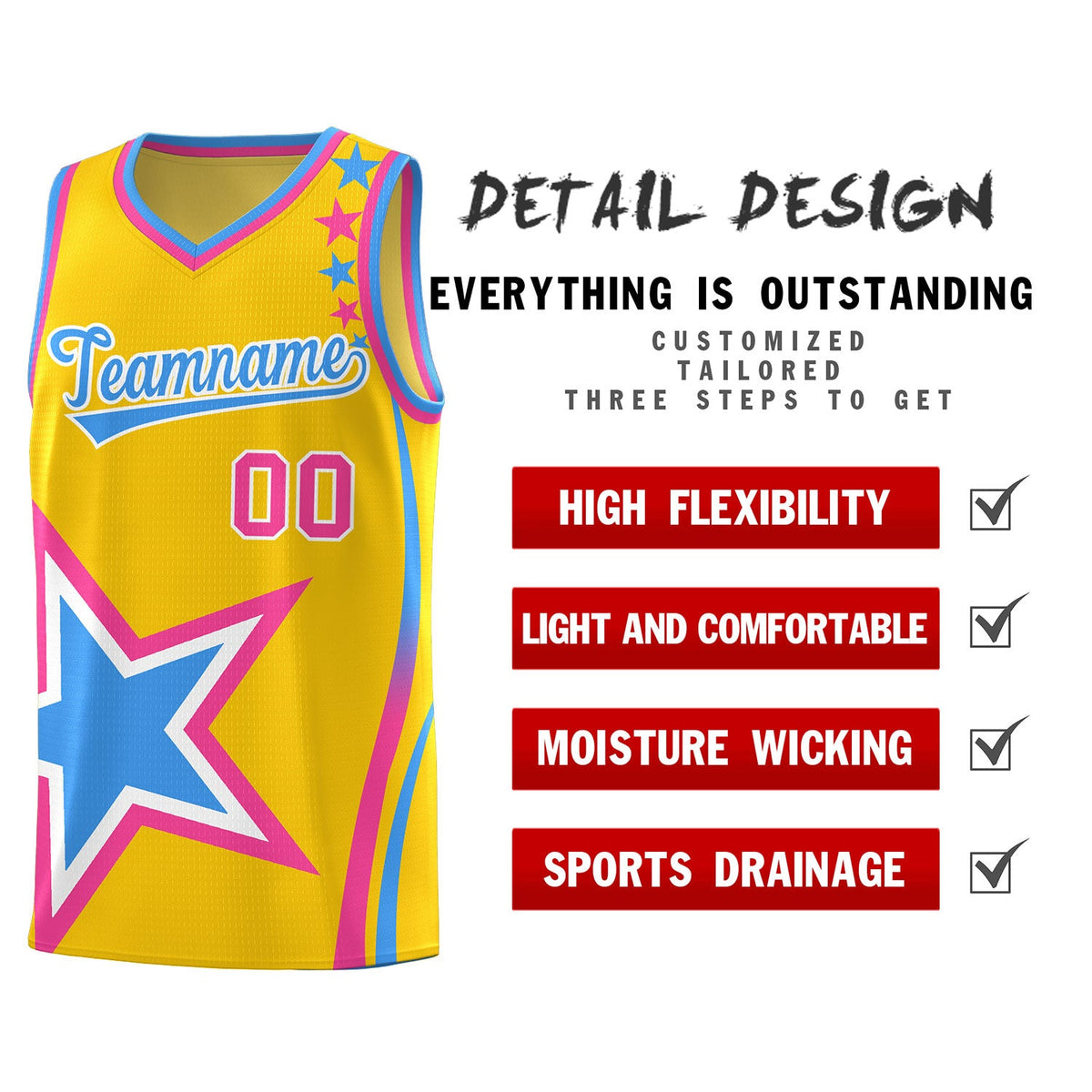 Custom Gold Shoulder Stars Graffiti Pattern Sets Basketball Jersey