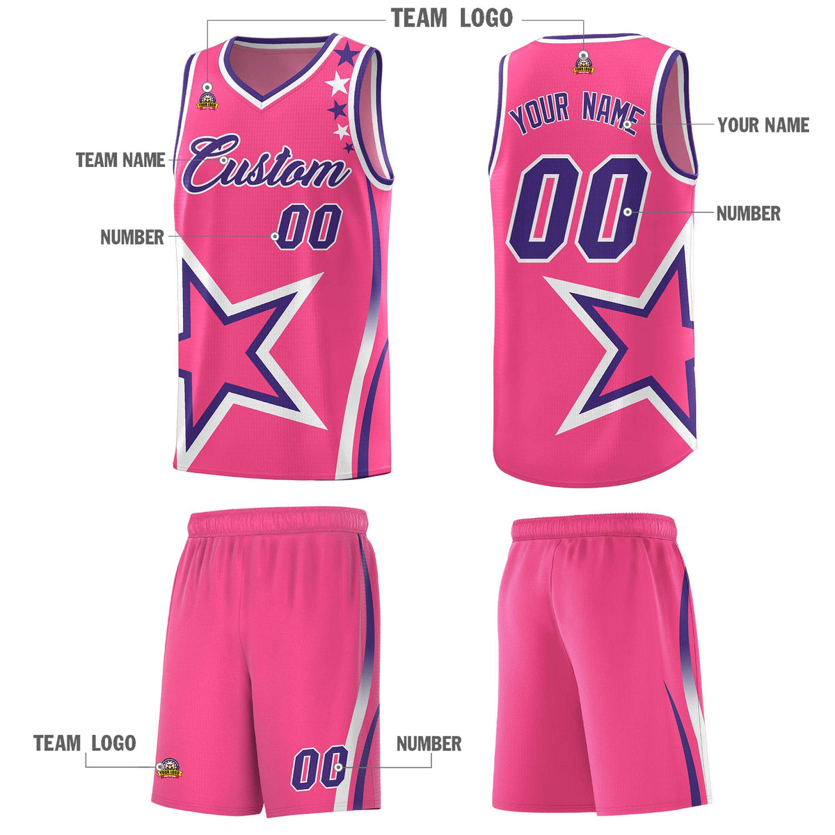 Custom Pink Shoulder Stars Graffiti Pattern Sets Basketball Jersey