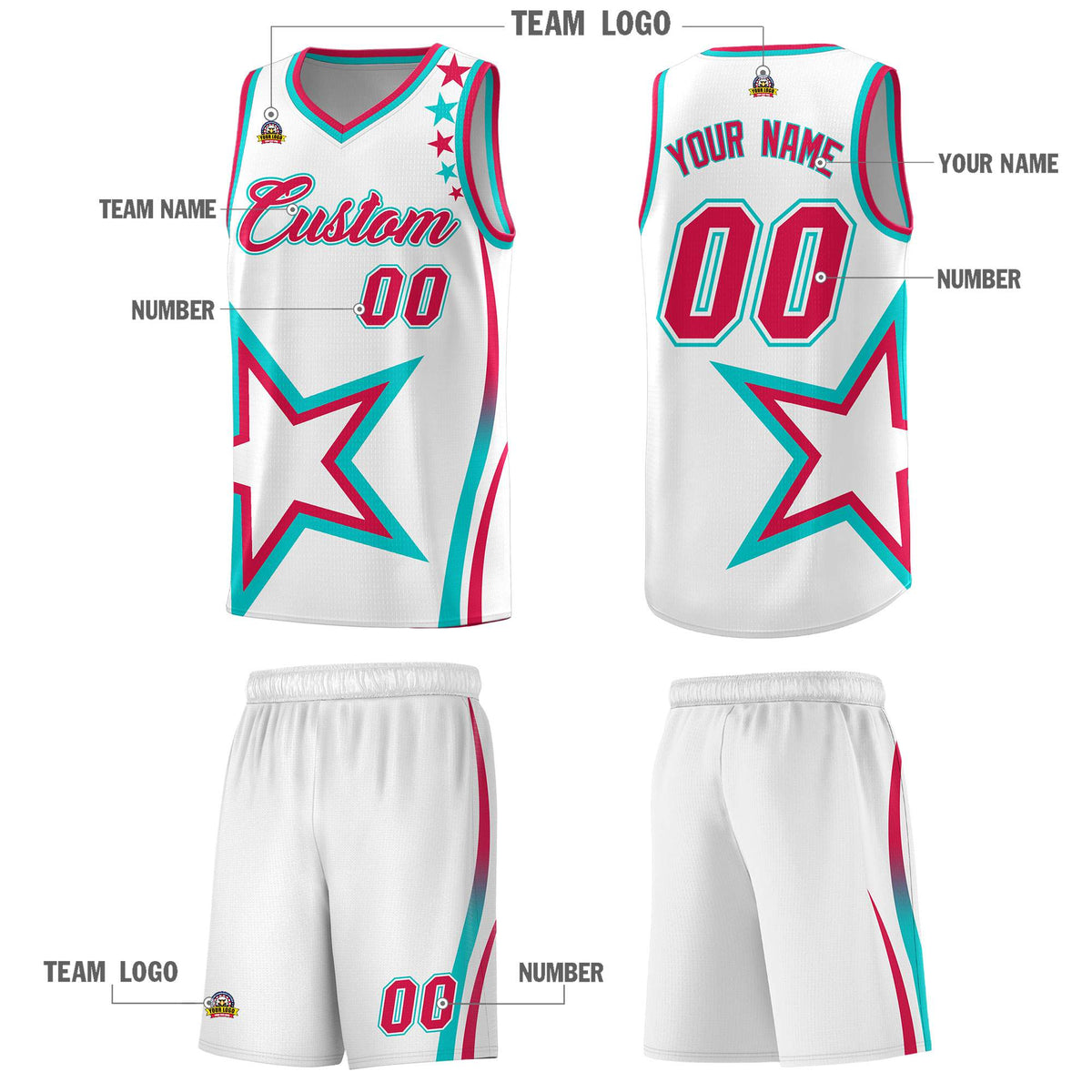 Custom White Shoulder Stars Graffiti Pattern Sets Basketball Jersey