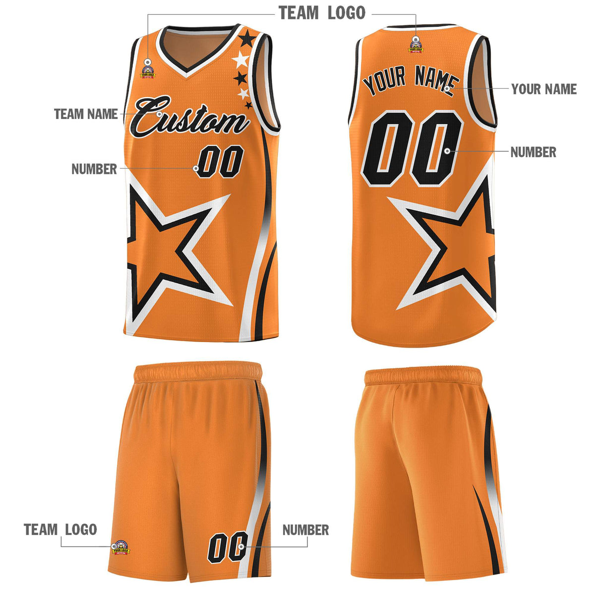 Custom Gold Orange Shoulder Stars Graffiti Pattern Sets Basketball Jersey