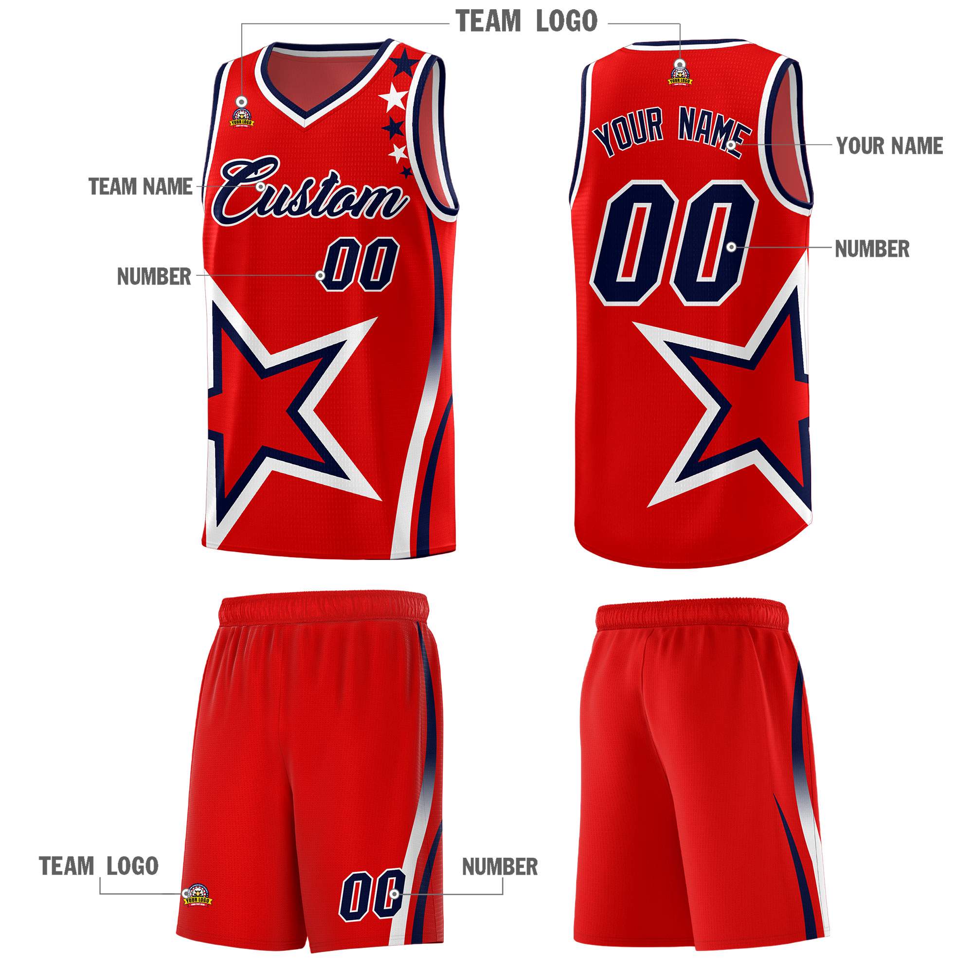 Custom Red Shoulder Stars Graffiti Pattern Sets Basketball Jersey