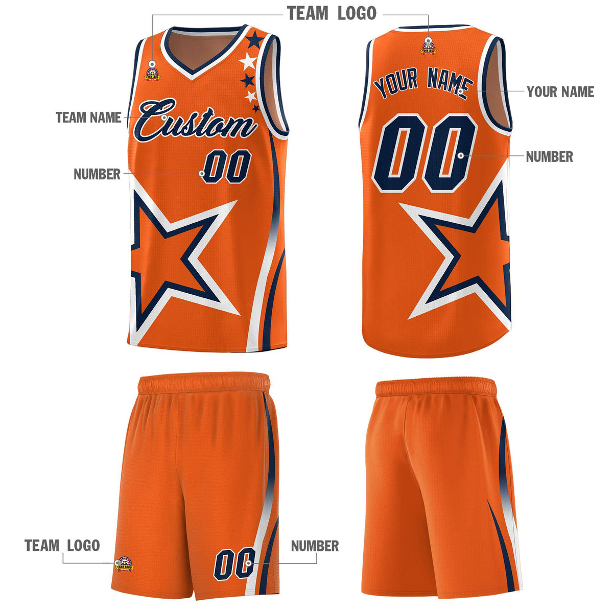 Custom Gold Orange Shoulder Stars Graffiti Pattern Sets Basketball Jersey
