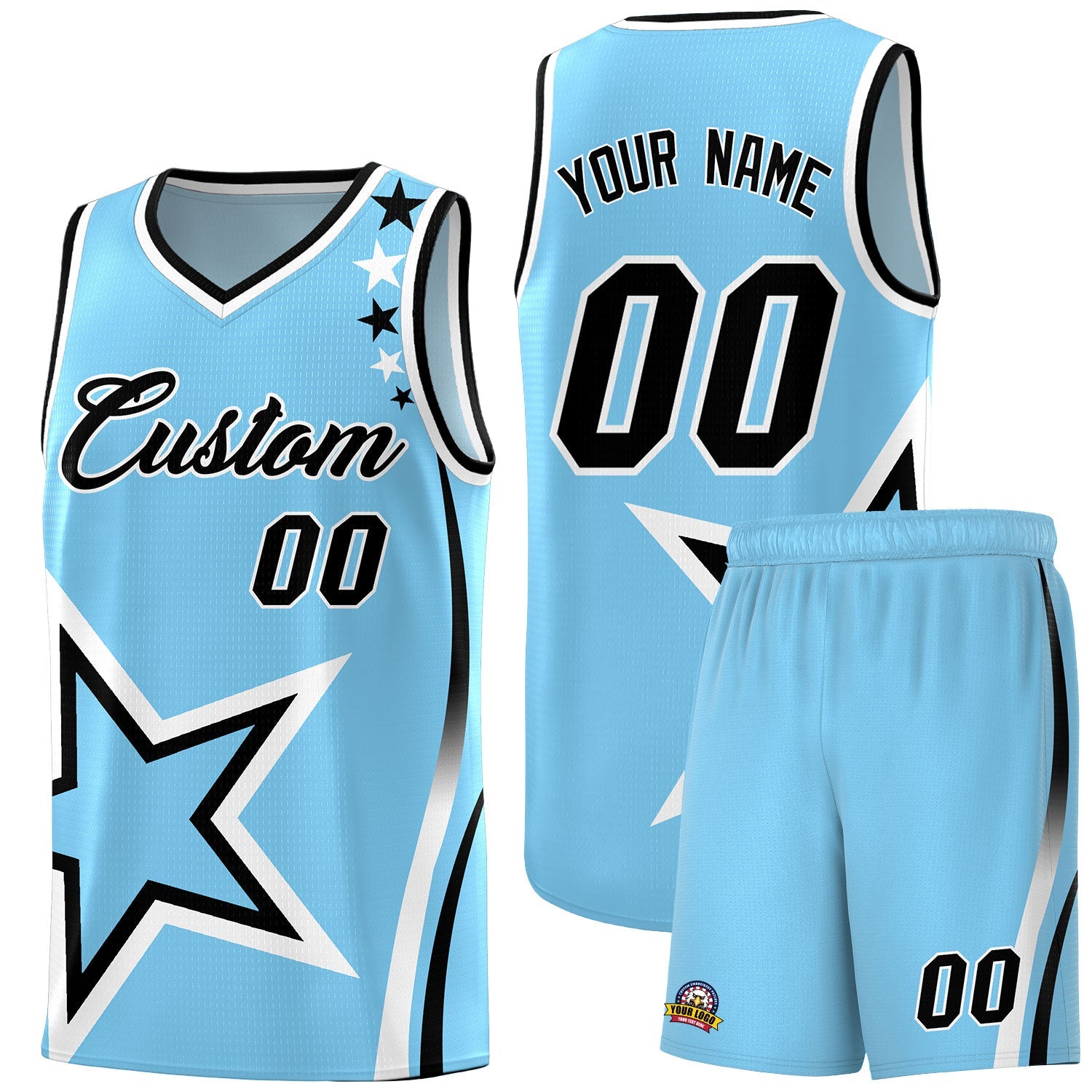 Custom Light Blue Shoulder Stars Graffiti Pattern Sets Basketball Jersey