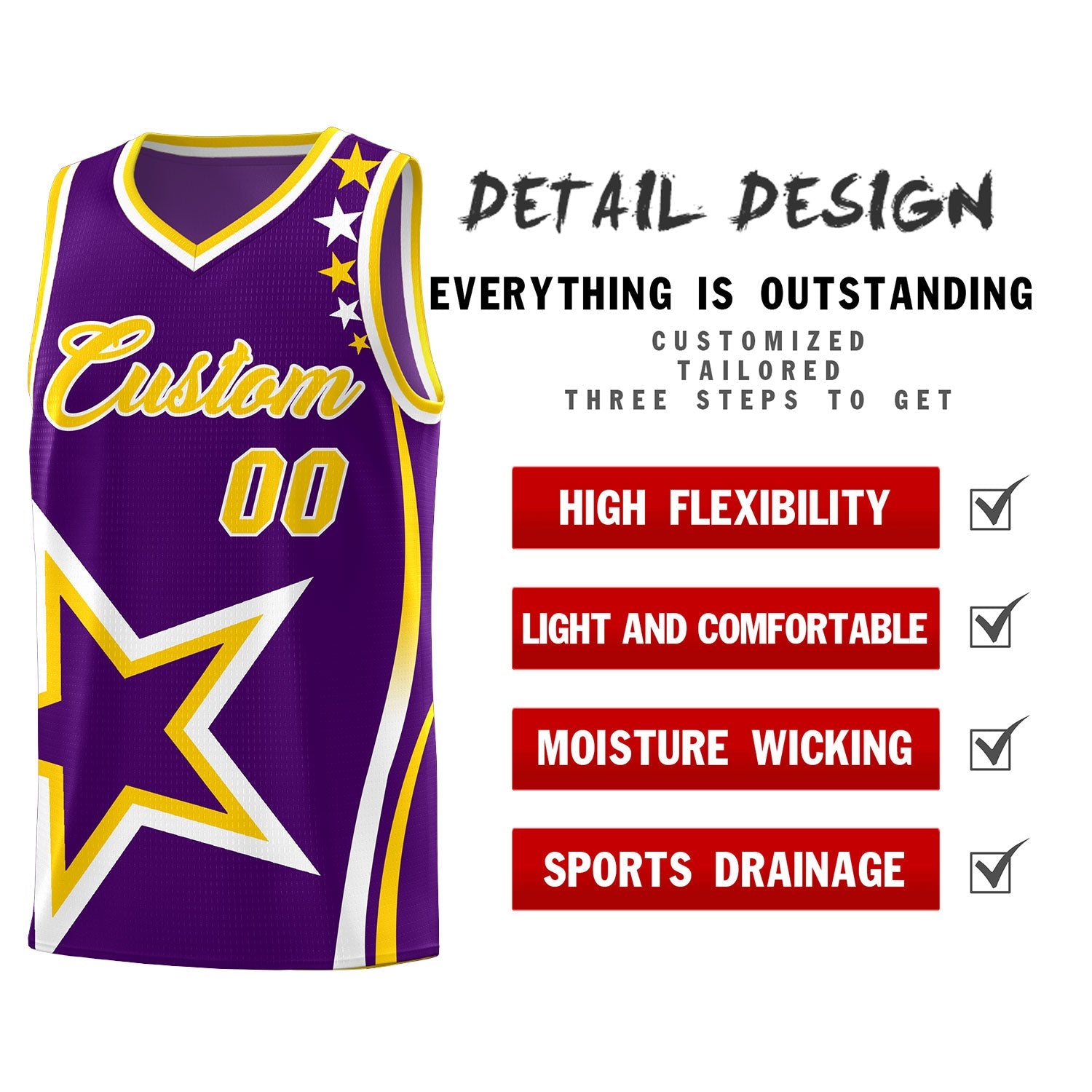 Custom Purple Shoulder Stars Graffiti Pattern Sets Basketball Jersey