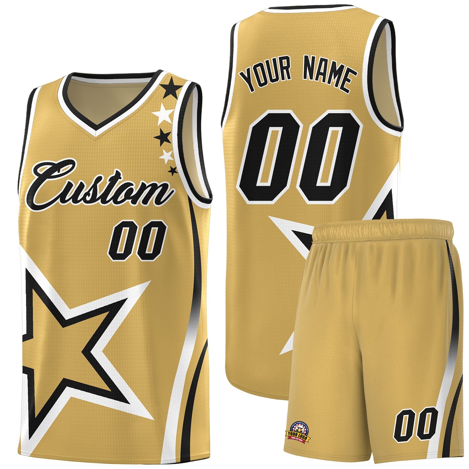 Custom Old Gold Shoulder Stars Graffiti Pattern Sets Basketball Jersey