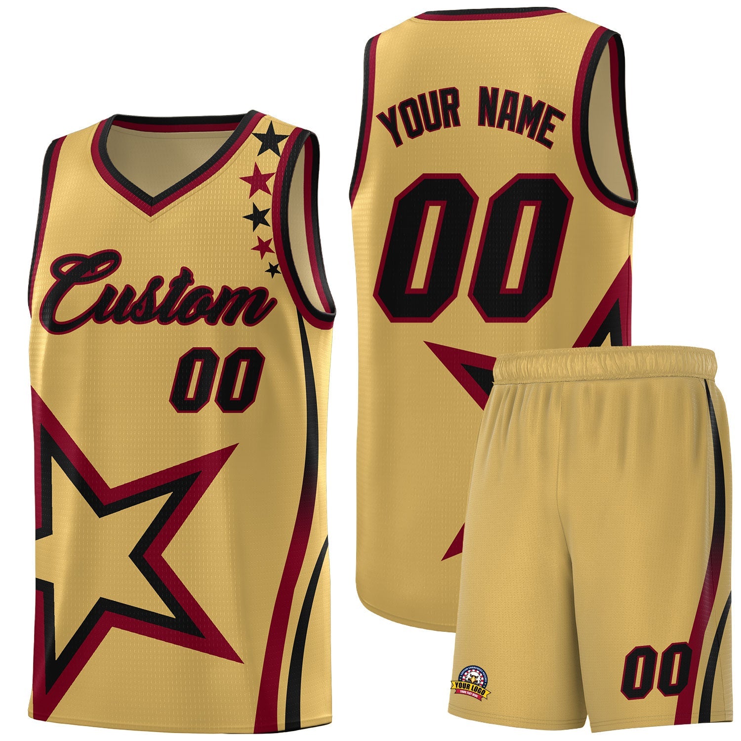 Custom Old Gold Shoulder Stars Graffiti Pattern Sets Basketball Jersey