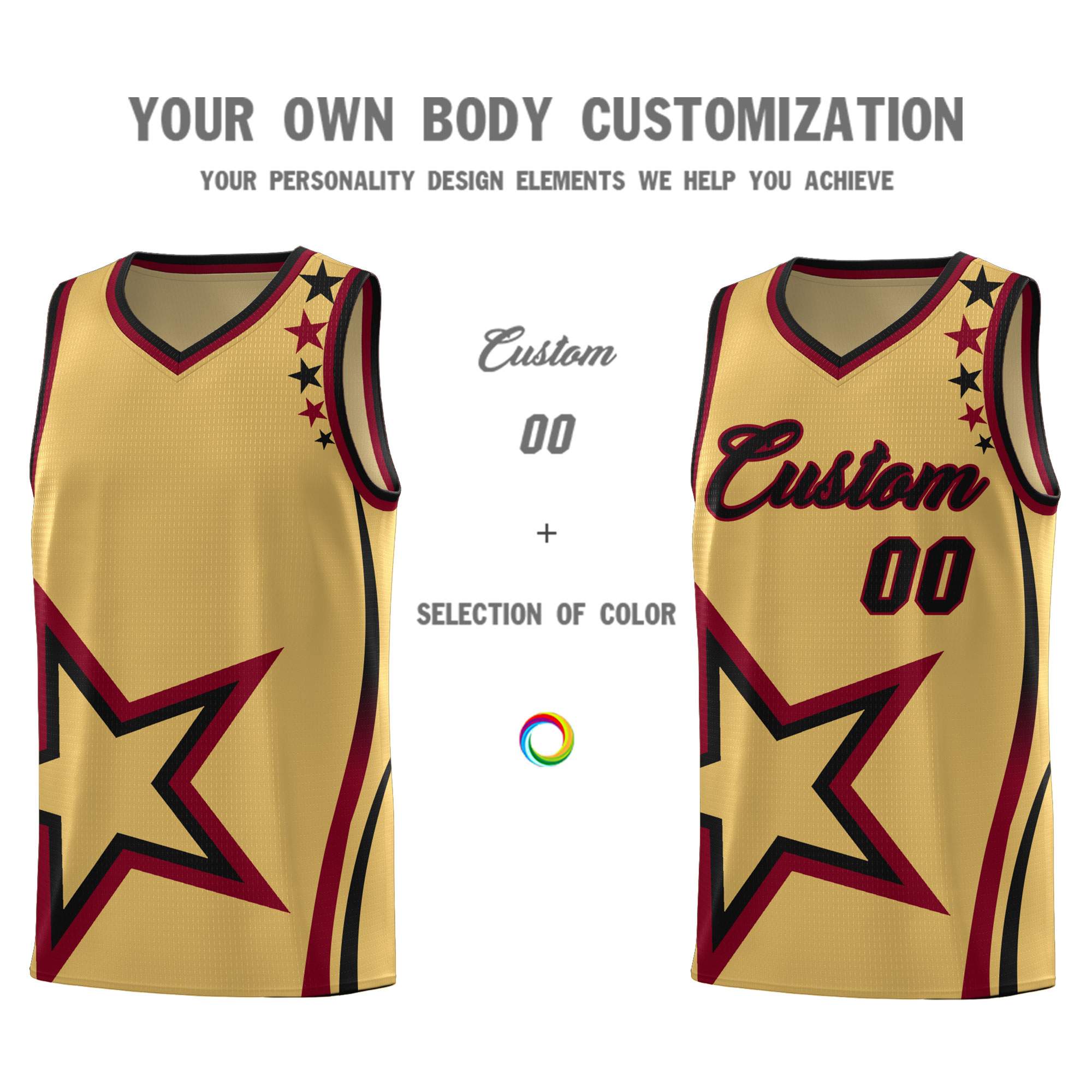 Custom Old Gold Shoulder Stars Graffiti Pattern Sets Basketball Jersey