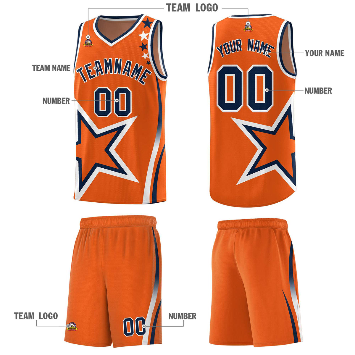Custom Gold Orange Shoulder Stars Graffiti Pattern Sets Basketball Jersey