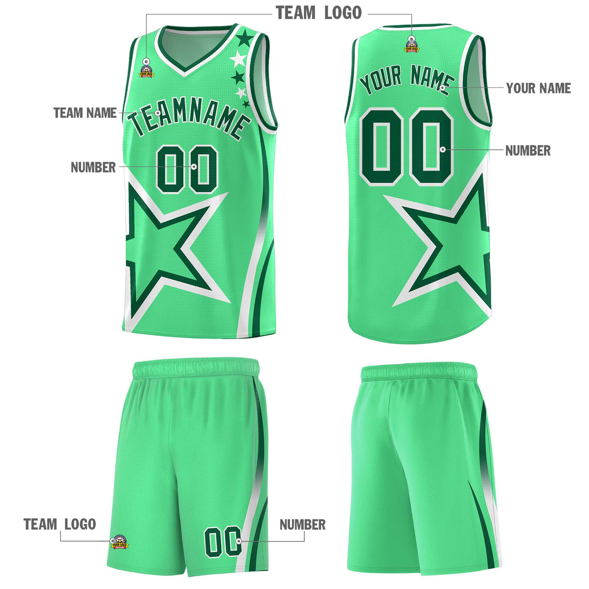 Custom Green Shoulder Stars Graffiti Pattern Sets Basketball Jersey