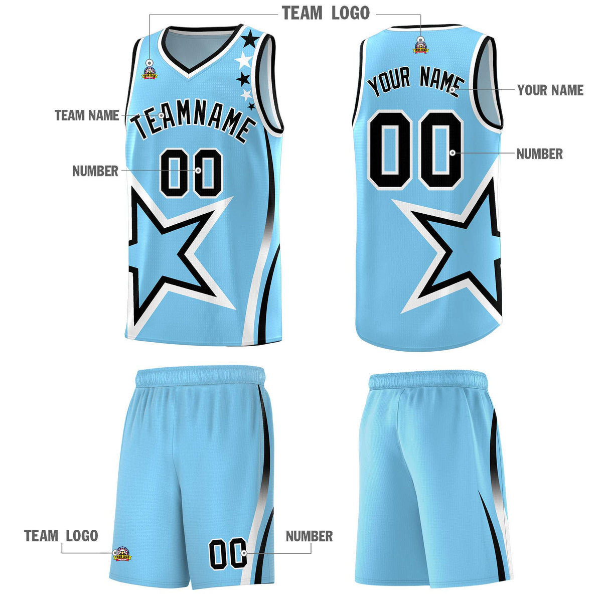 Custom Light Blue Shoulder Stars Graffiti Pattern Sets Basketball Jersey