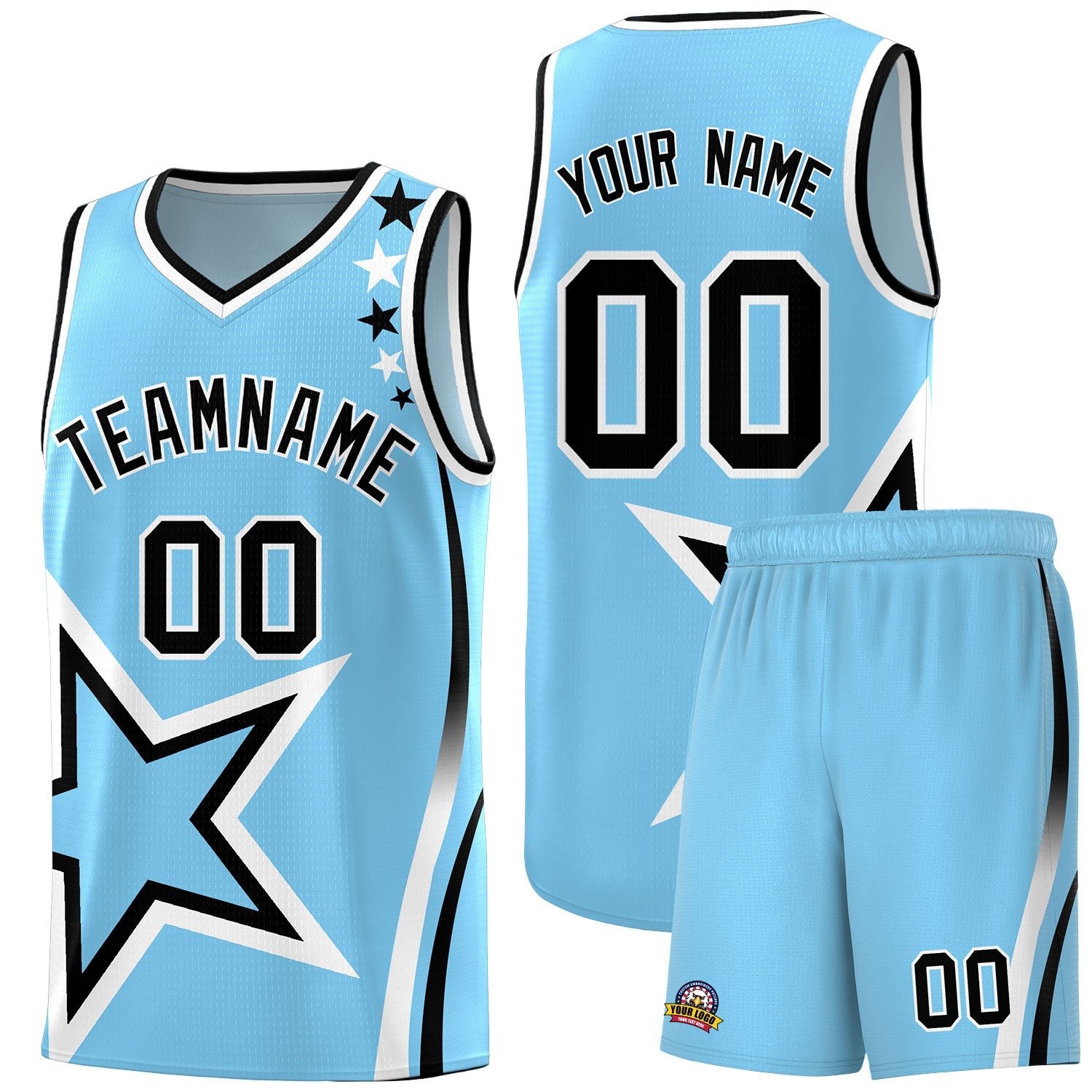 Custom Light Blue Shoulder Stars Graffiti Pattern Sets Basketball Jersey