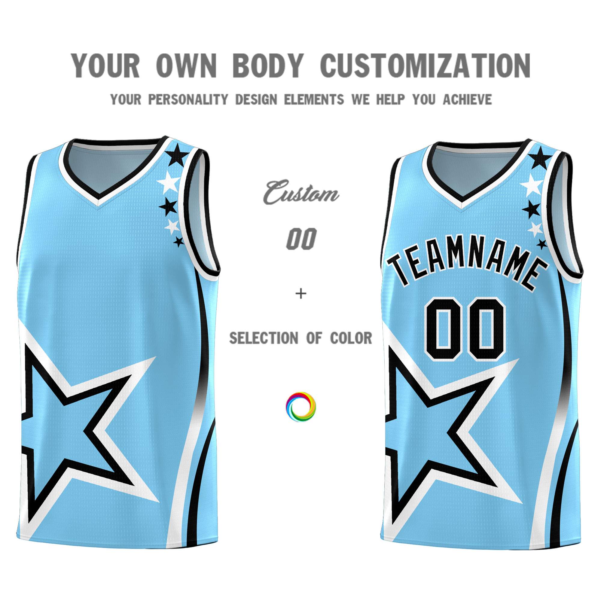 Custom Light Blue Shoulder Stars Graffiti Pattern Sets Basketball Jersey