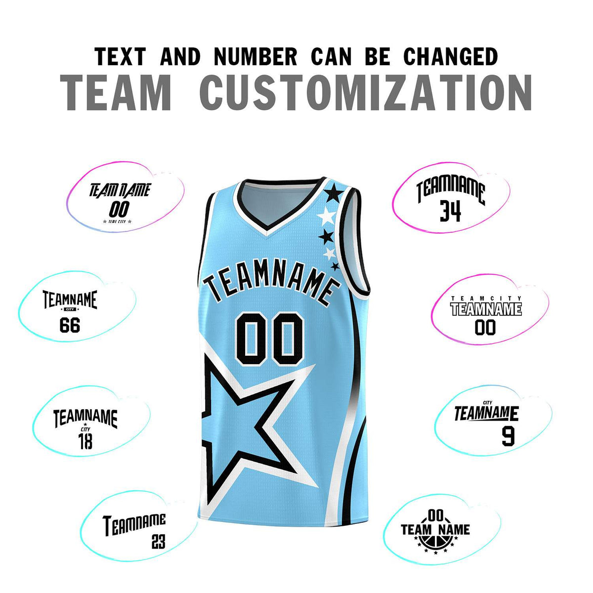 Custom Light Blue Shoulder Stars Graffiti Pattern Sets Basketball Jersey