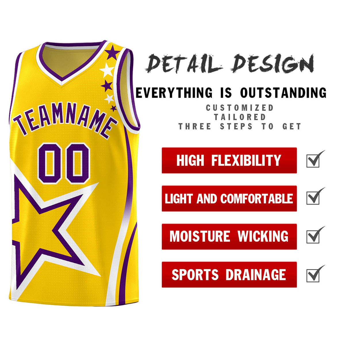 Custom Gold Shoulder Stars Graffiti Pattern Sets Basketball Jersey