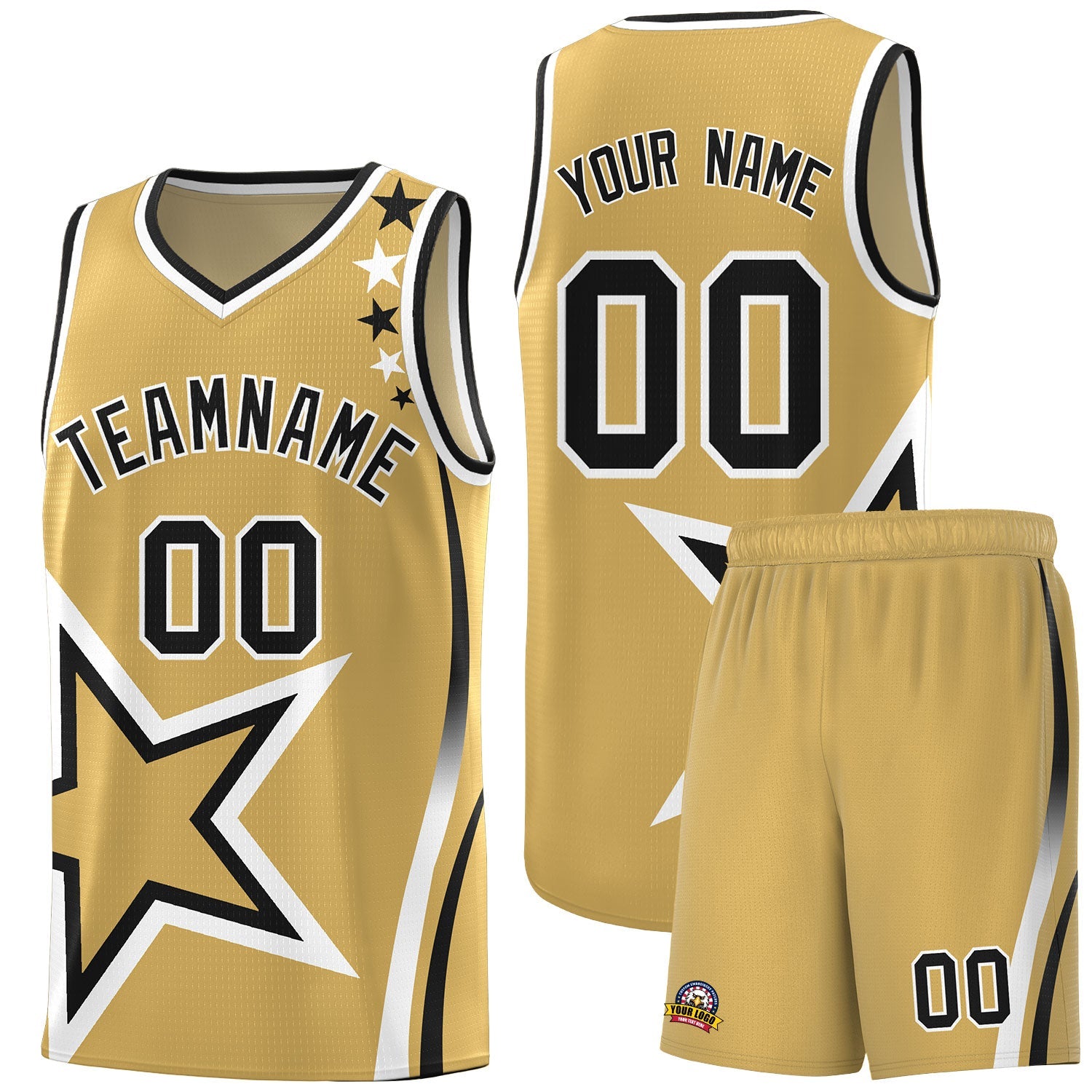 Custom Old Gold Shoulder Stars Graffiti Pattern Sets Basketball Jersey