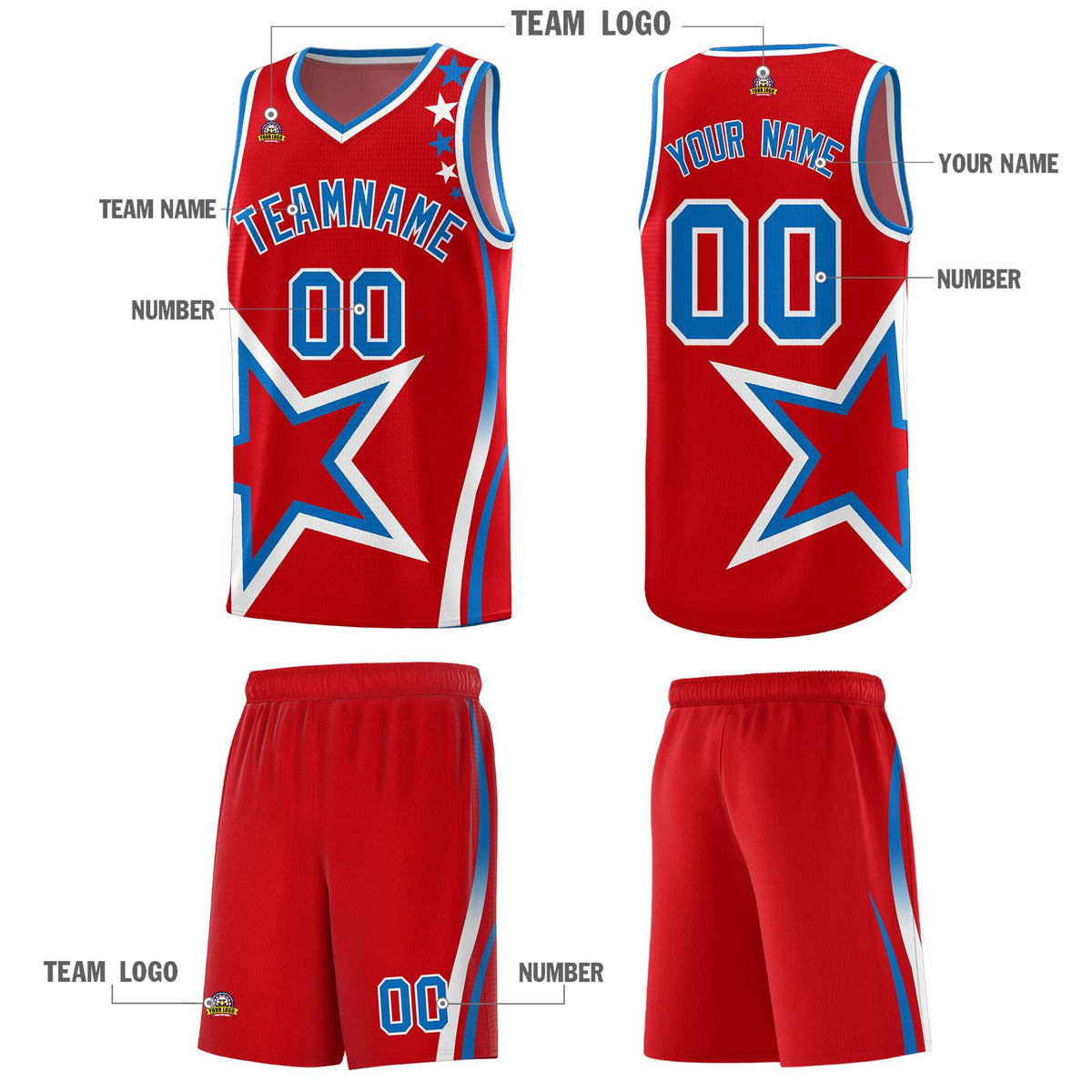 Custom Red Shoulder Stars Graffiti Pattern Sets Basketball Jersey