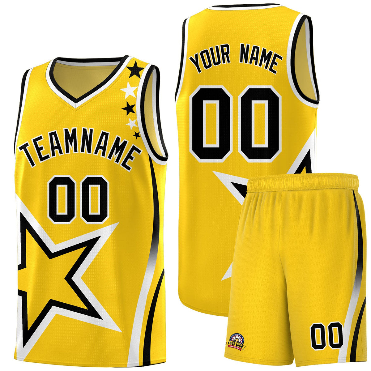 Custom Gold Shoulder Stars Graffiti Pattern Sets Basketball Jersey