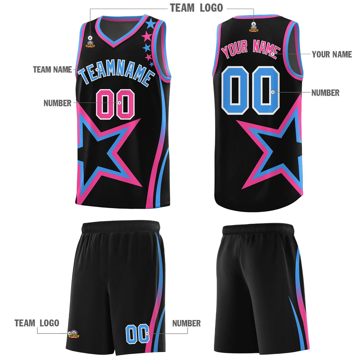 Custom Black Shoulder Stars Graffiti Pattern Sets Basketball Jersey
