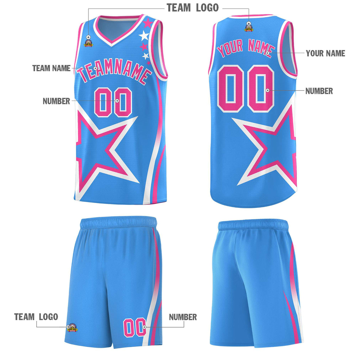 Custom Light Blue Shoulder Stars Graffiti Pattern Sets Basketball Jersey