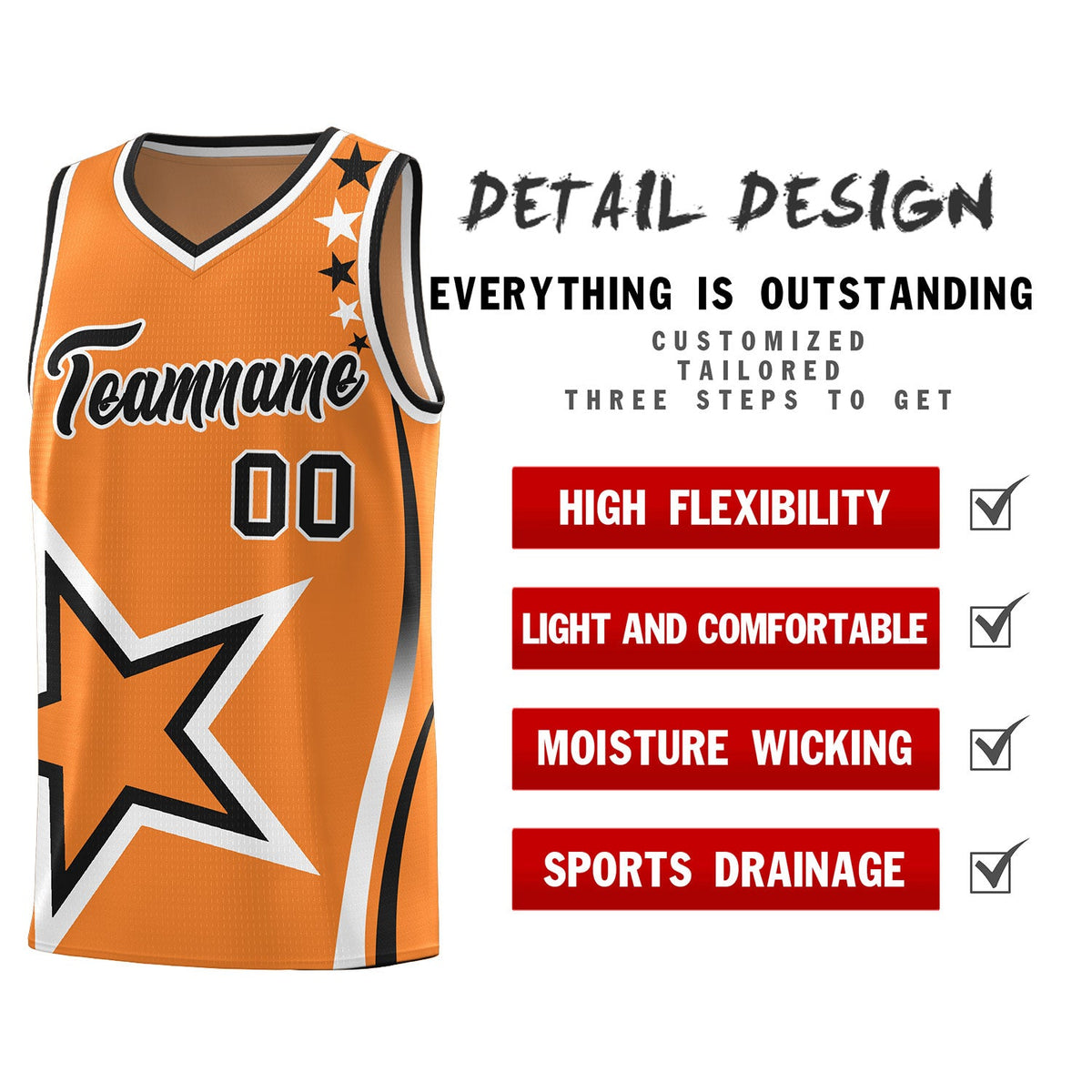 Custom Gold Orange Shoulder Stars Graffiti Pattern Sets Basketball Jersey