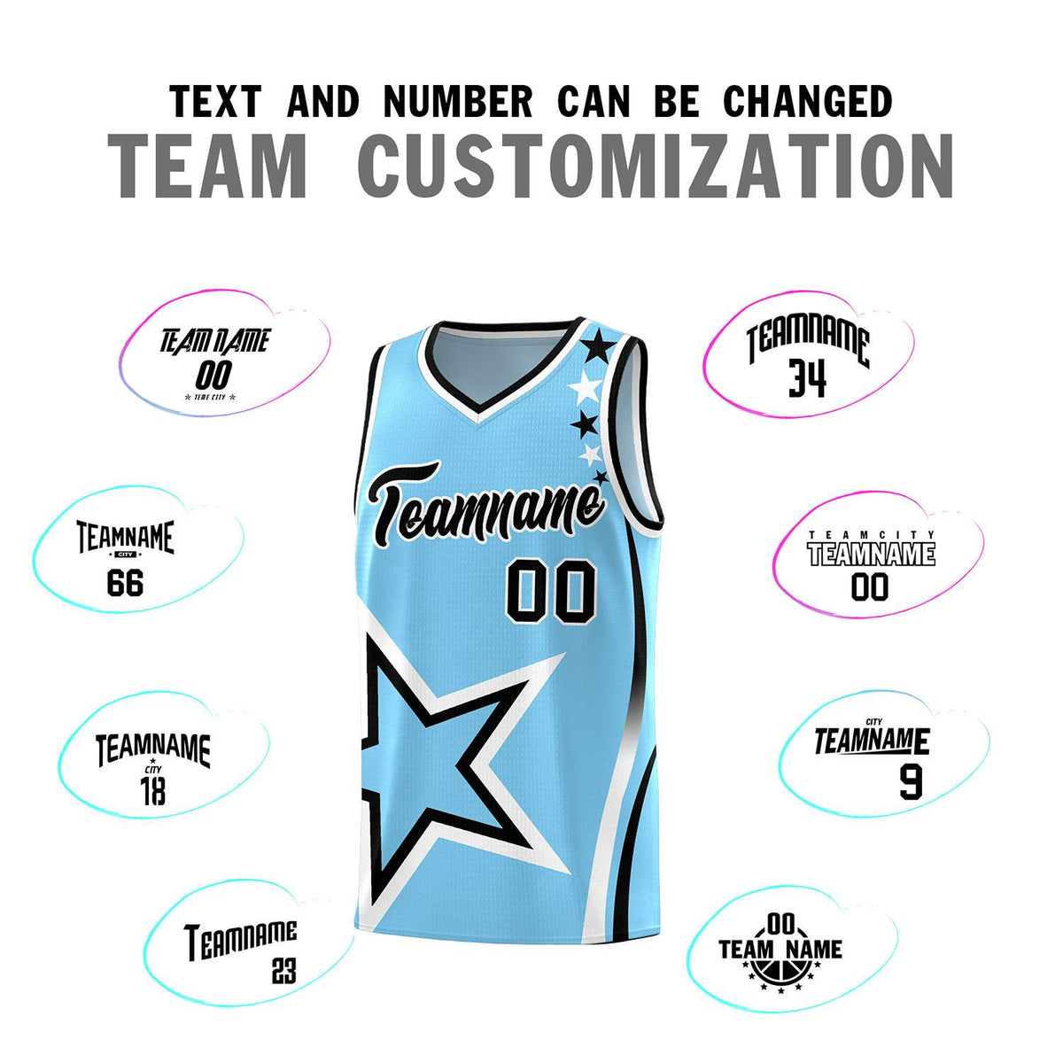 Custom Light Blue Shoulder Stars Graffiti Pattern Sets Basketball Jersey