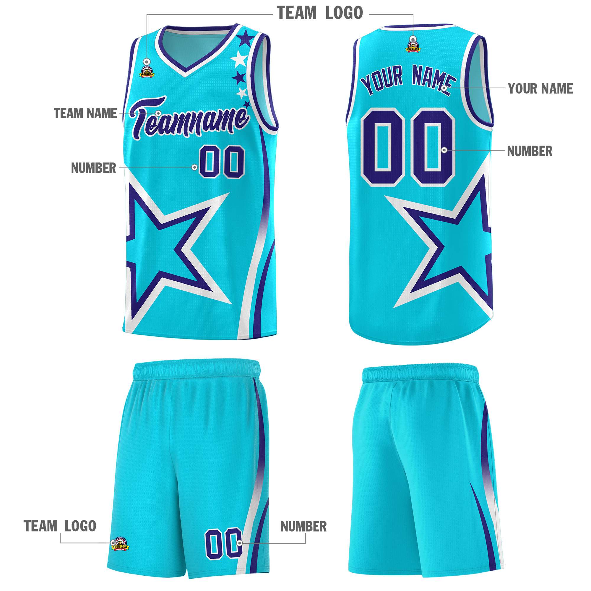 Custom Sky Blue Shoulder Stars Graffiti Pattern Sets Basketball Jersey