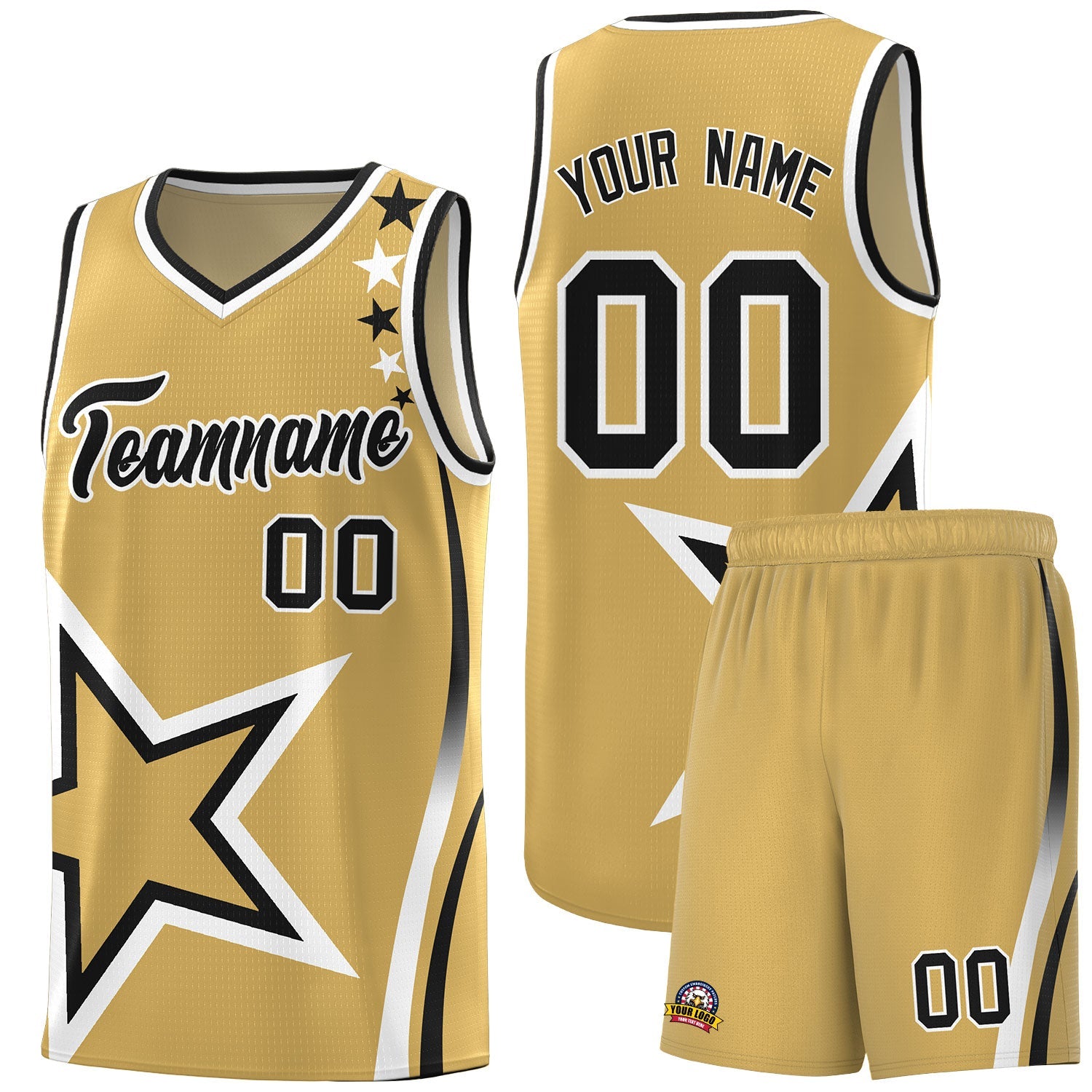 Custom Old Gold Shoulder Stars Graffiti Pattern Sets Basketball Jersey
