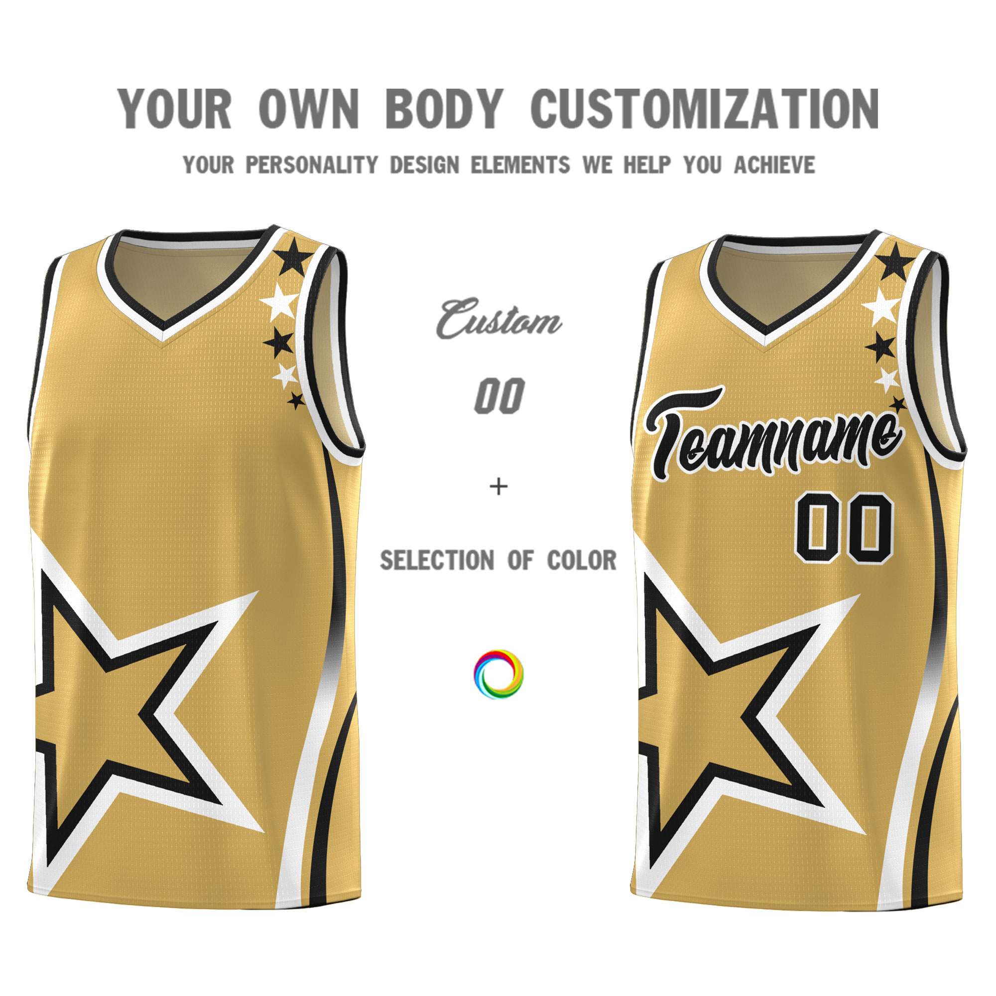 Custom Old Gold Shoulder Stars Graffiti Pattern Sets Basketball Jersey