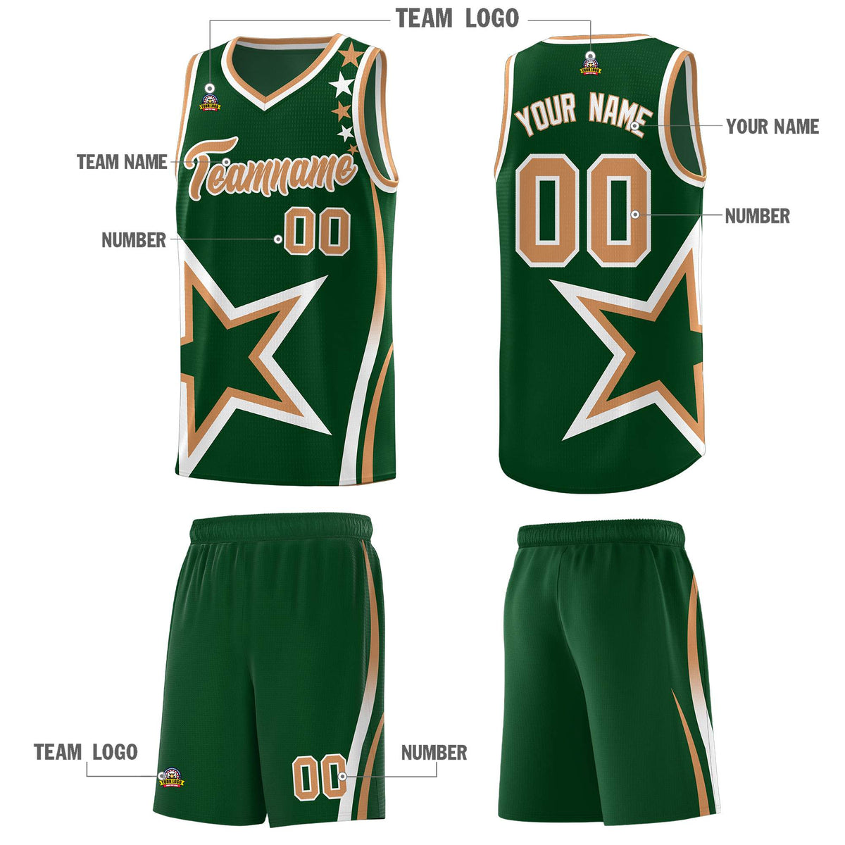 Custom Green Shoulder Stars Graffiti Pattern Sets Basketball Jersey