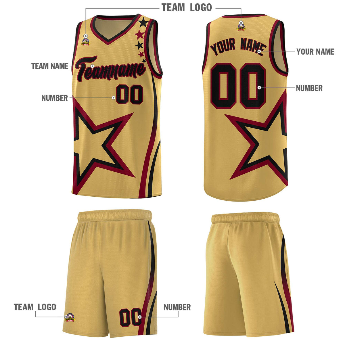 Custom Old Gold Shoulder Stars Graffiti Pattern Sets Basketball Jersey