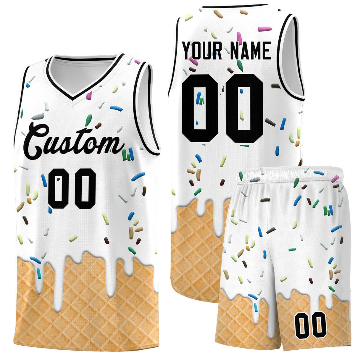 Custom White Basketball Kits with Ice Cream Element Pattern