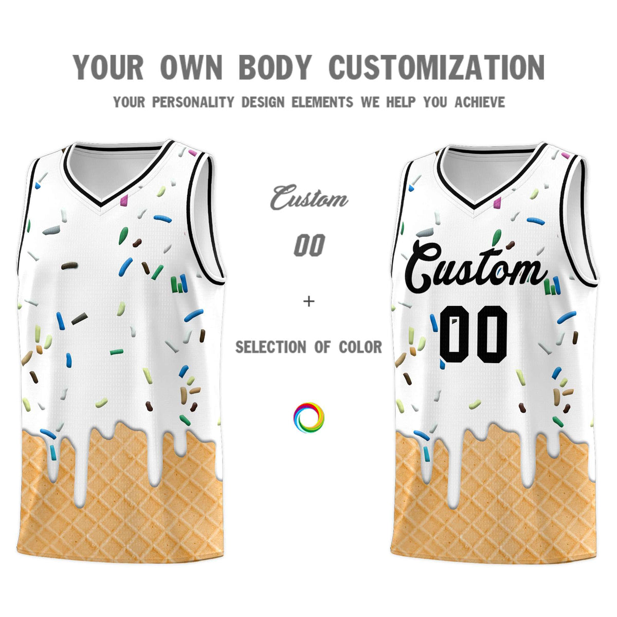 Custom White Basketball Kits with Ice Cream Element Pattern