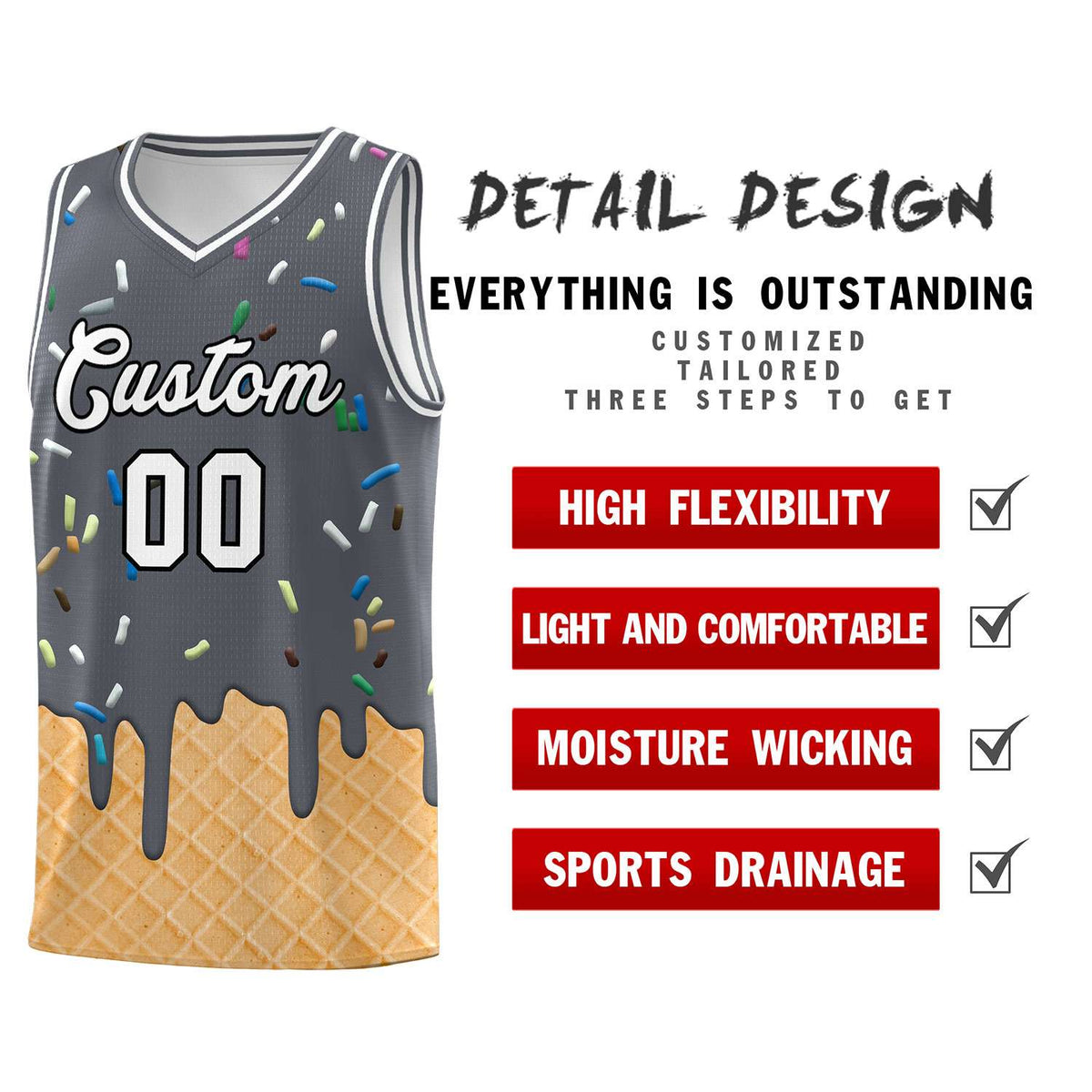 Custom Gray Basketball Kits with Ice Cream Element Pattern