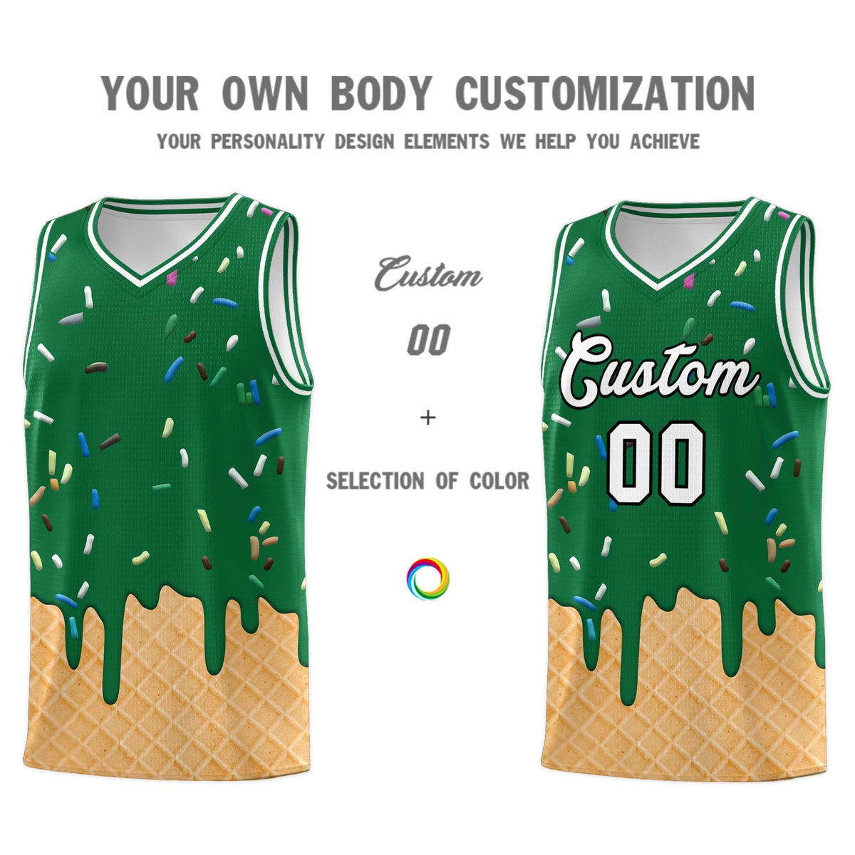Custom Kelly Green Basketball Kits with Ice Cream Element Pattern