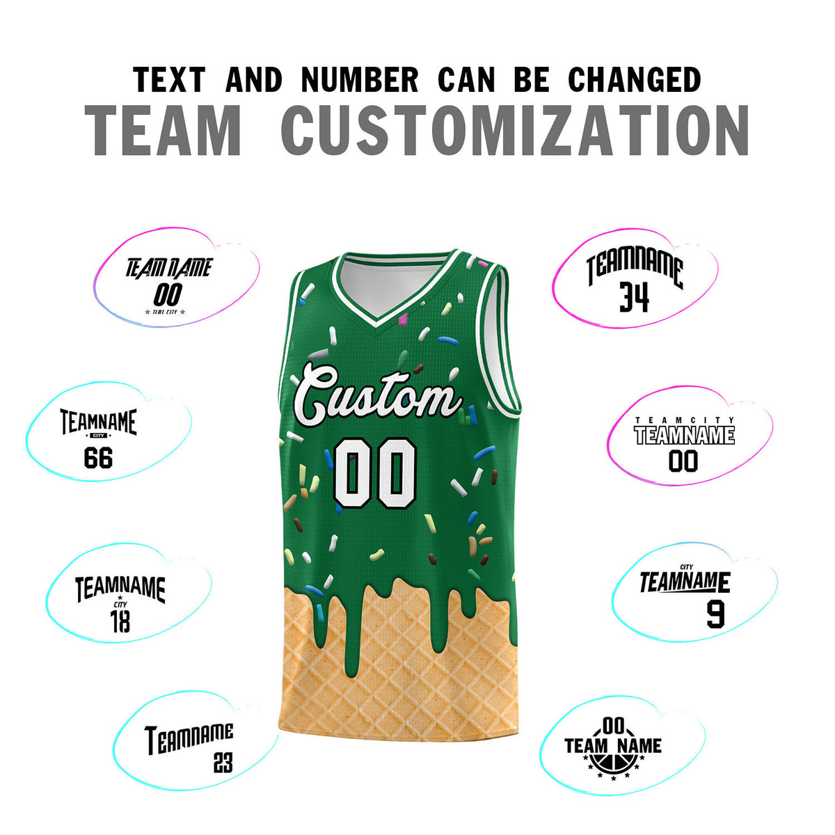 Custom Kelly Green Basketball Kits with Ice Cream Element Pattern