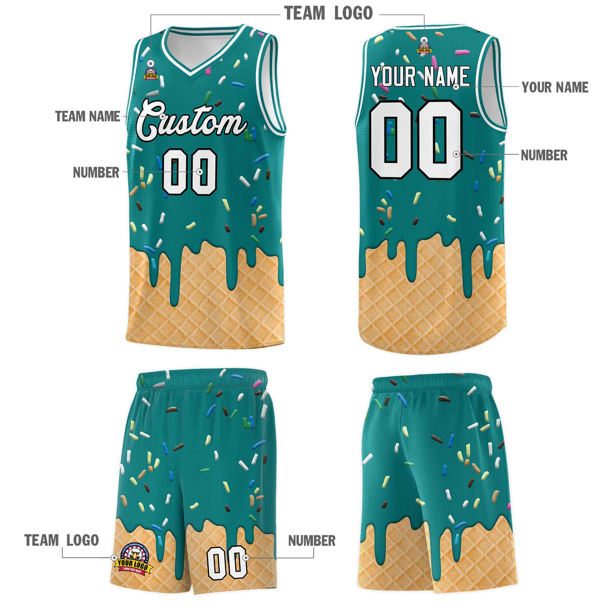 Custom Teal Basketball Kits with Ice Cream Element Pattern