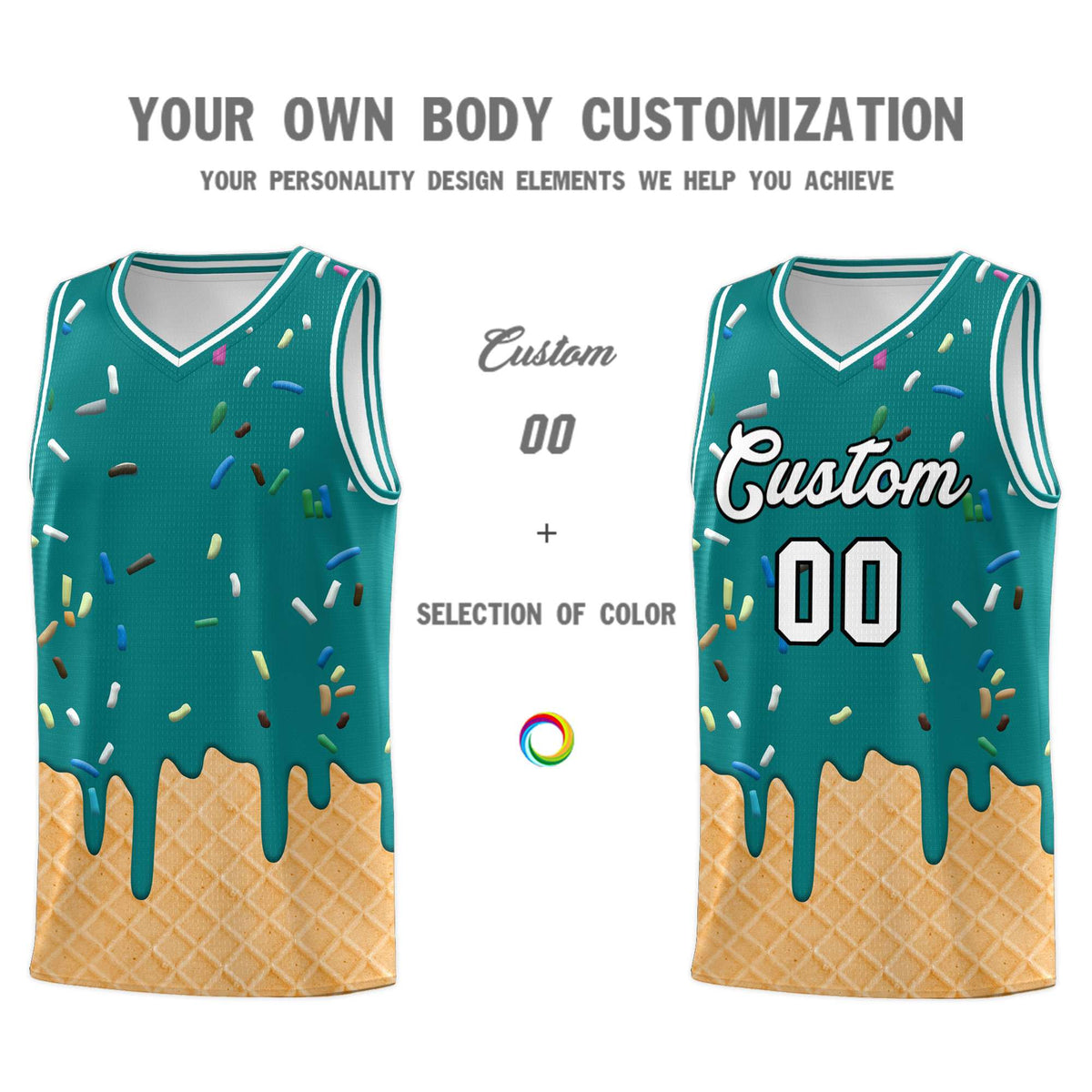 Custom Teal Basketball Kits with Ice Cream Element Pattern