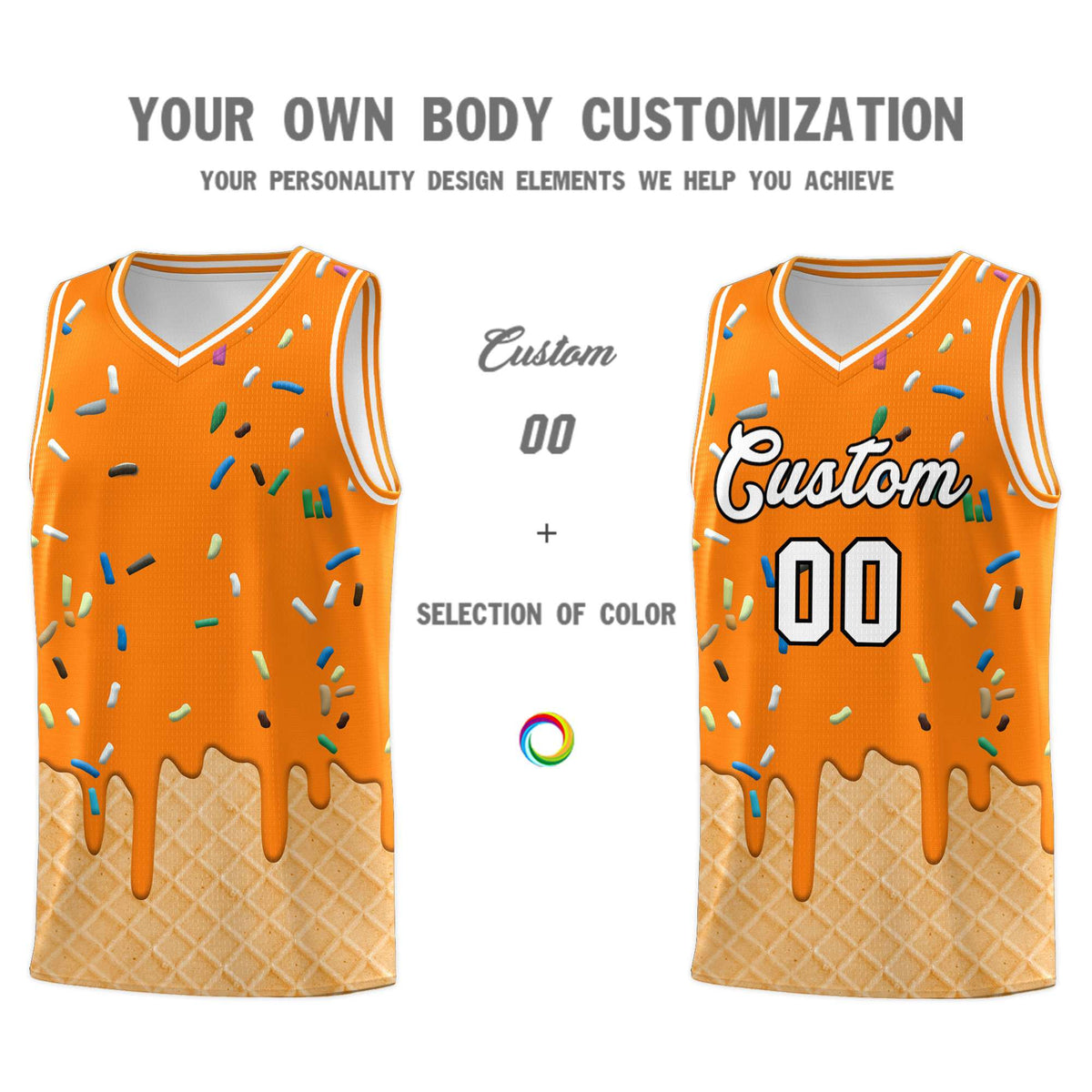 Custom Orange Basketball Kits with Ice Cream Element Pattern
