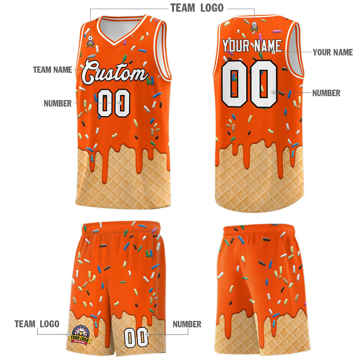Custom Orange Basketball Kits with Ice Cream Element Pattern