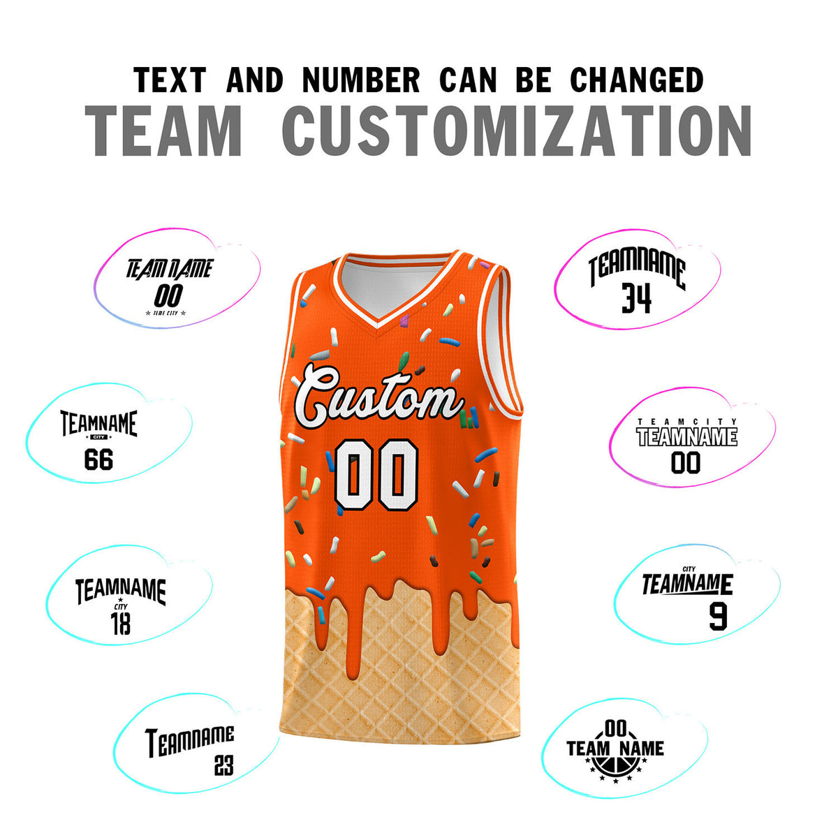 Custom Orange Basketball Kits with Ice Cream Element Pattern