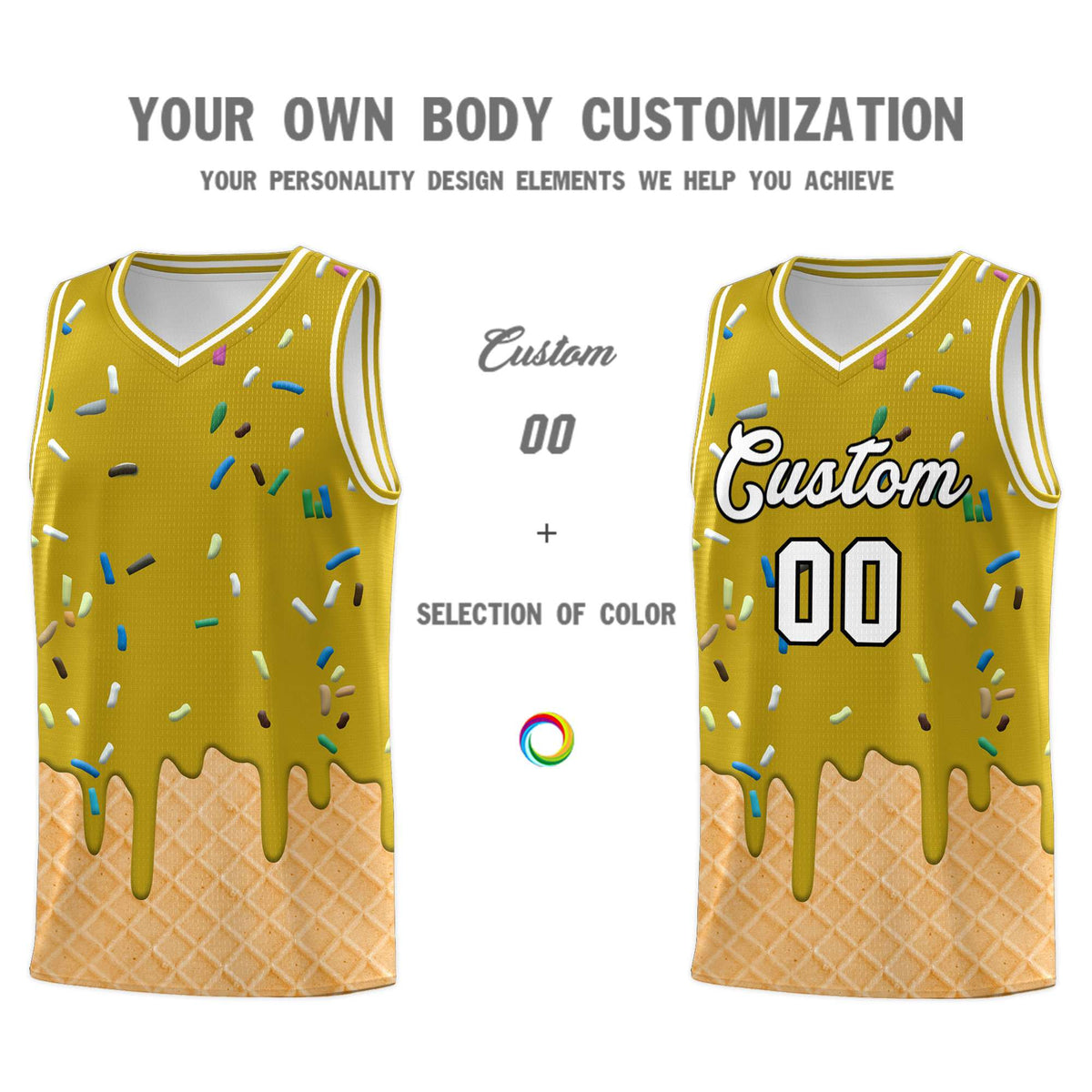 Custom Old Gold Basketball Kits with Ice Cream Element Pattern