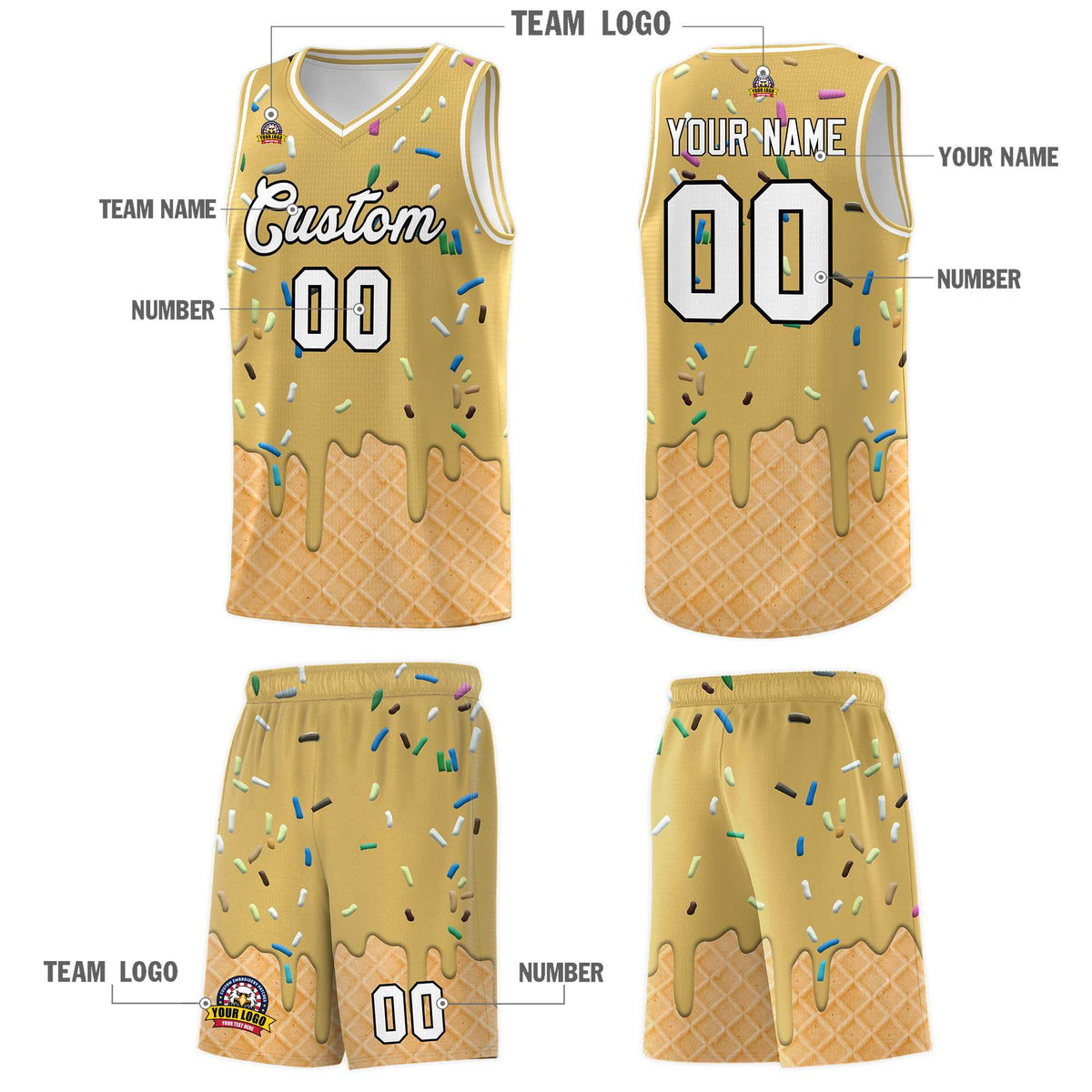 Custom Old Gold Basketball Kits with Ice Cream Element Pattern