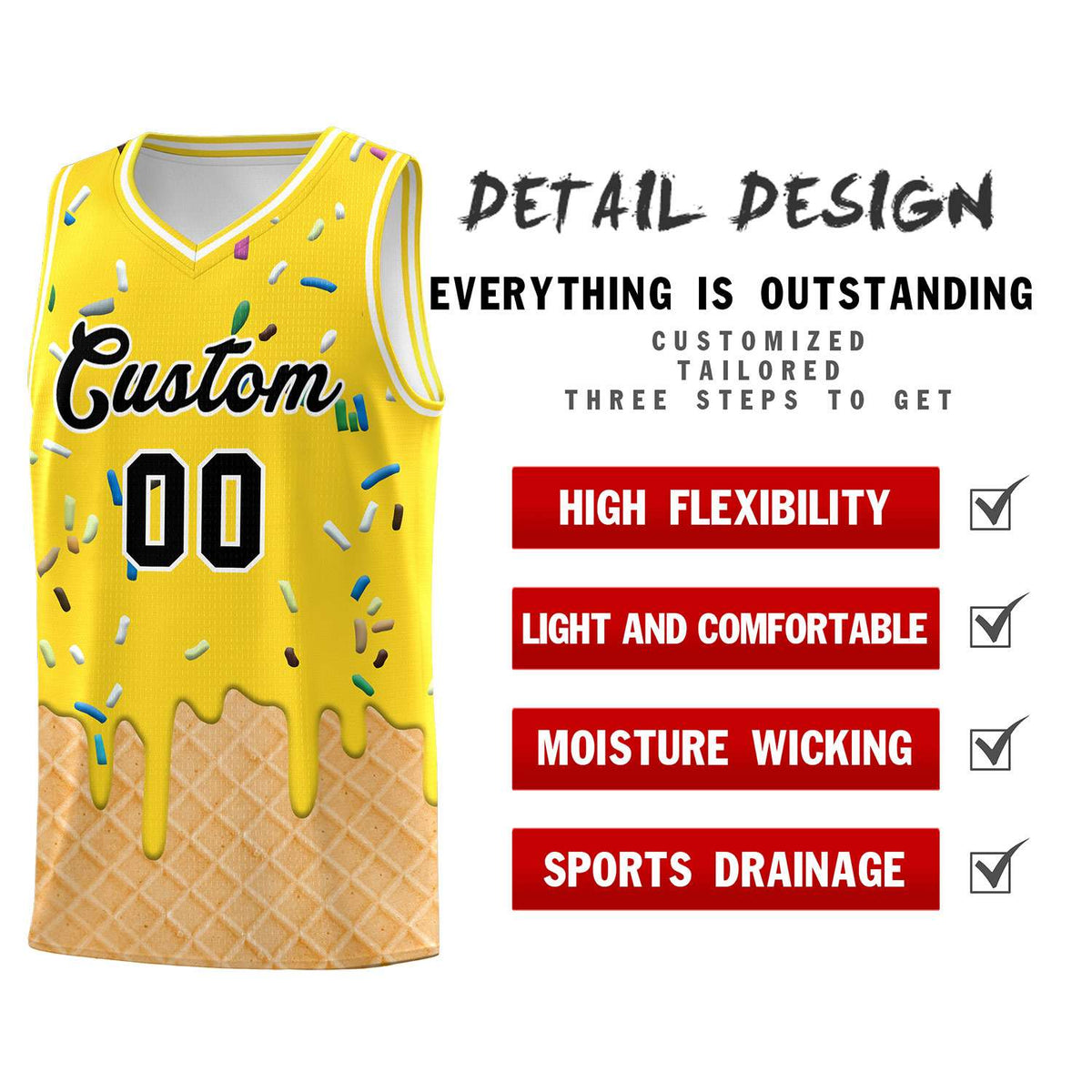 Custom Gold Basketball Kits with Ice Cream Element Pattern