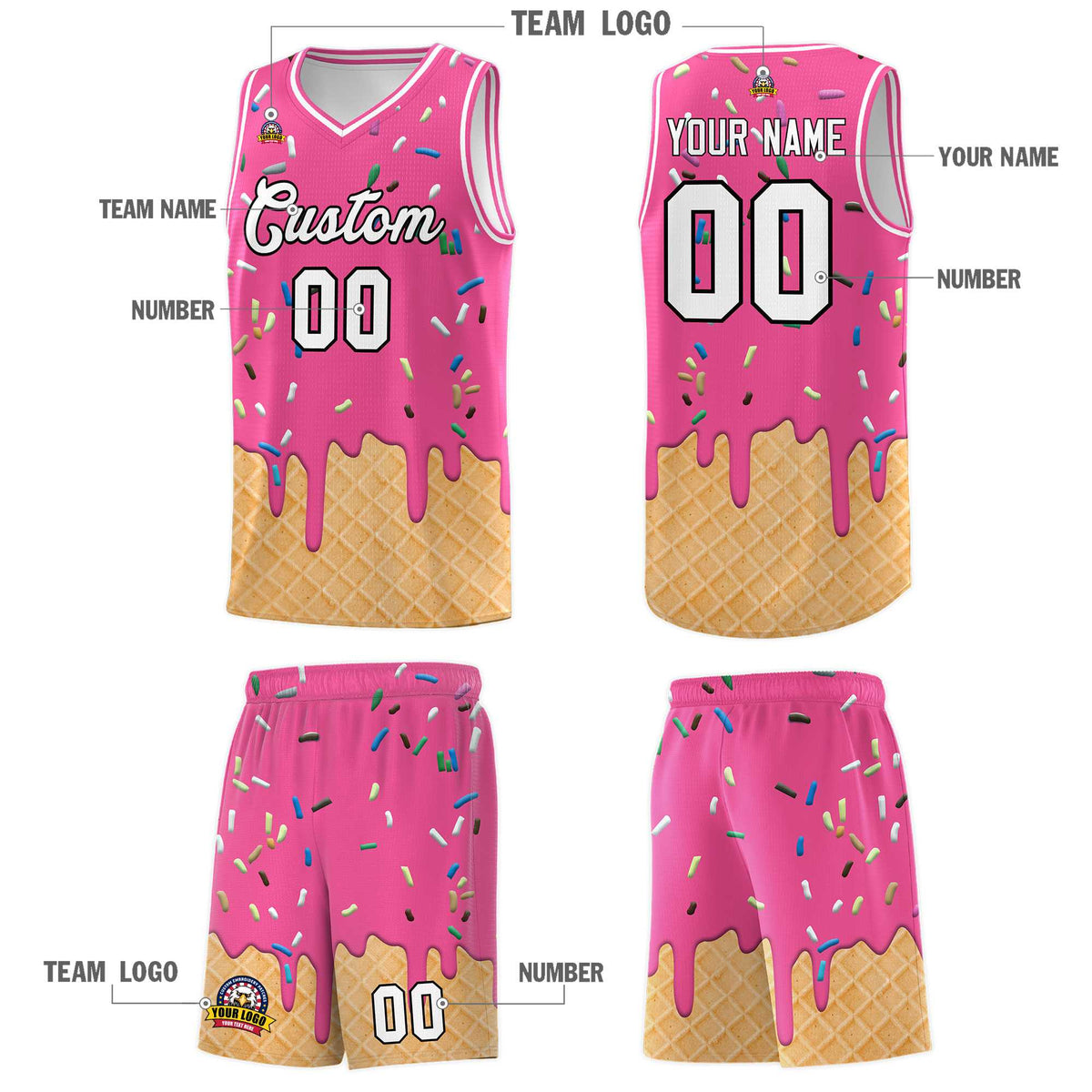 Custom Pink Basketball Kits with Ice Cream Element Pattern