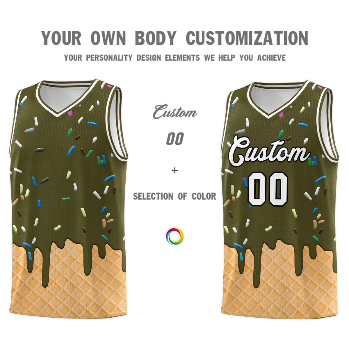 Custom Olive Basketball Kits with Ice Cream Element Pattern