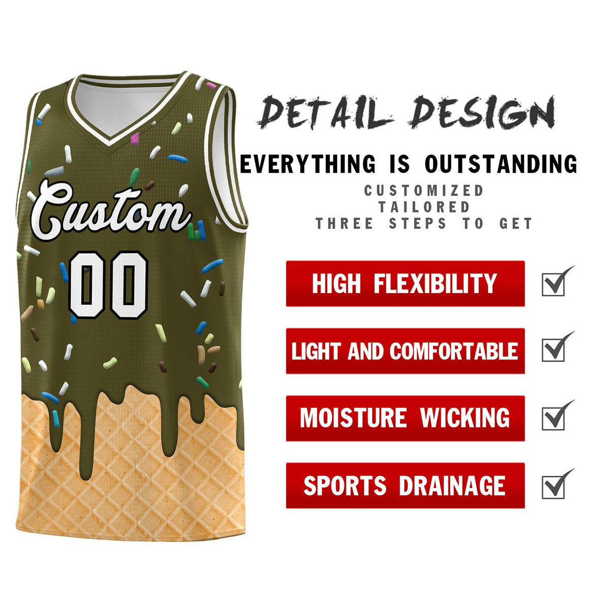 Custom Olive Basketball Kits with Ice Cream Element Pattern