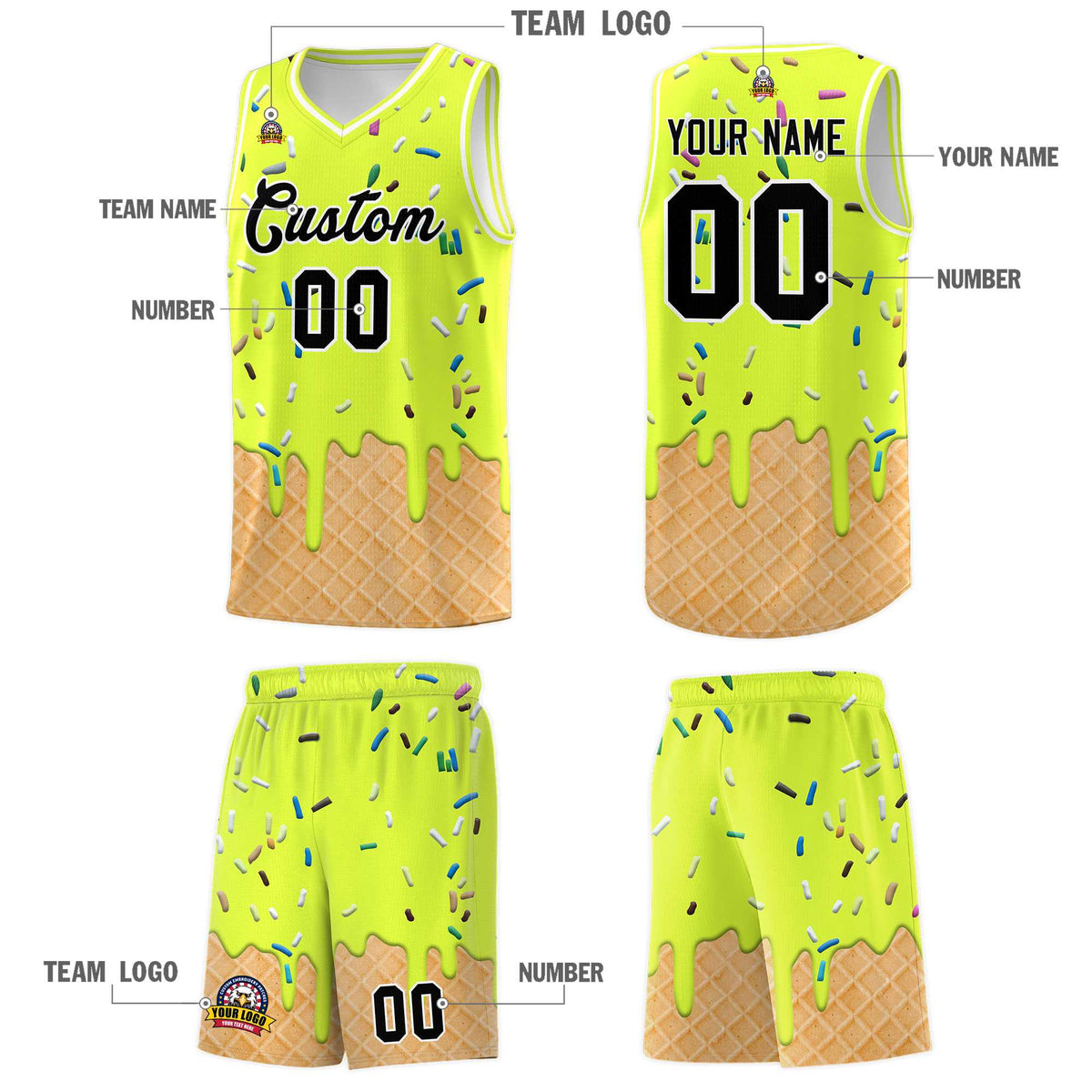 Custom Fluorescent Green Basketball Kits with Ice Cream Element Pattern
