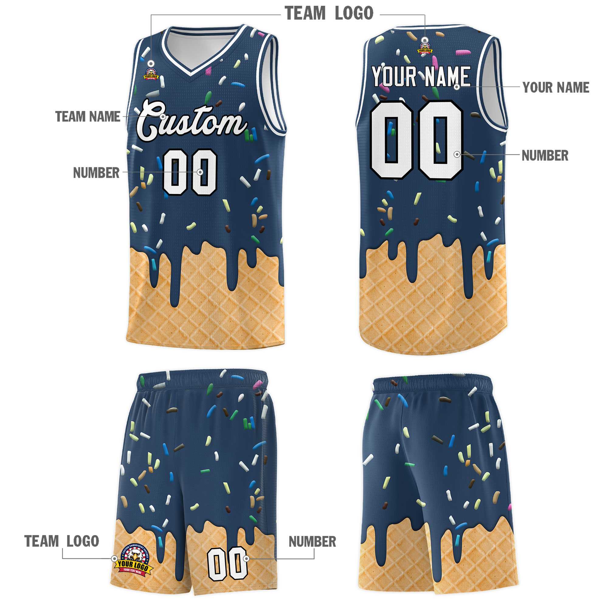 Custom Midnight Blue Basketball Kits with Ice Cream Element Pattern